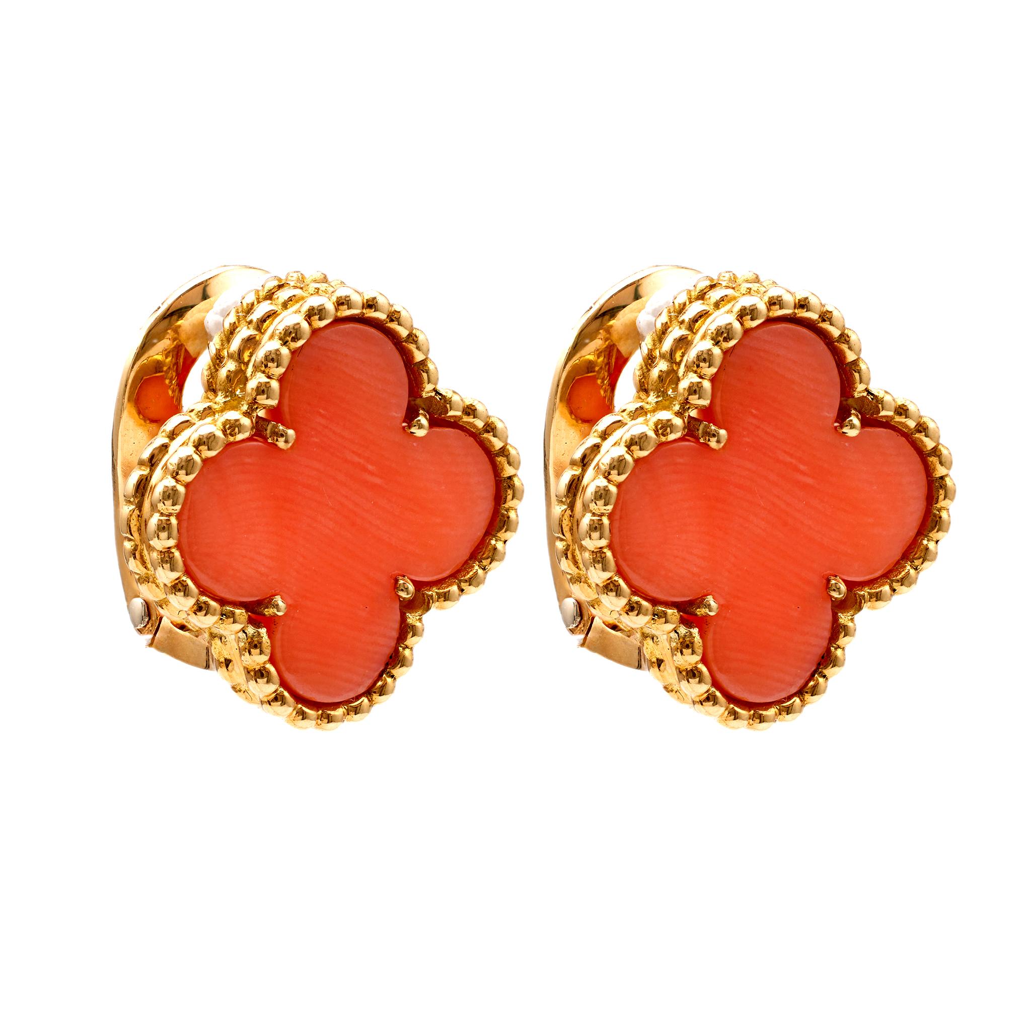 Women's or Men's Pair of Vintage Van Cleef and Arpels French Coral 18k Yellow Gold Alhambra Clip