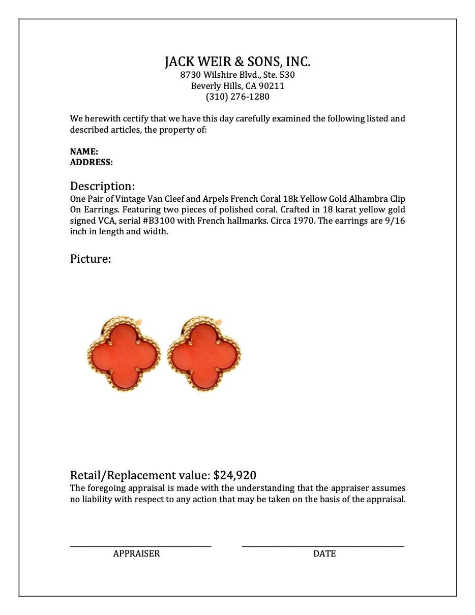 Pair of Vintage Van Cleef and Arpels French Coral 18k Yellow Gold Alhambra Clip 2