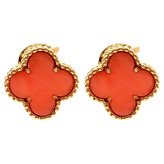 Pair of Vintage Van Cleef and Arpels French Coral 18k Yellow Gold Alhambra Clip 