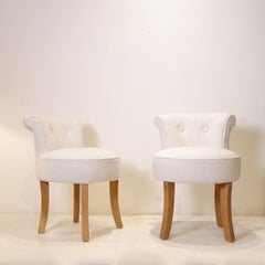 Pair of Vintage Vanity Stool Chairs - Wood and White Boucle Fabric