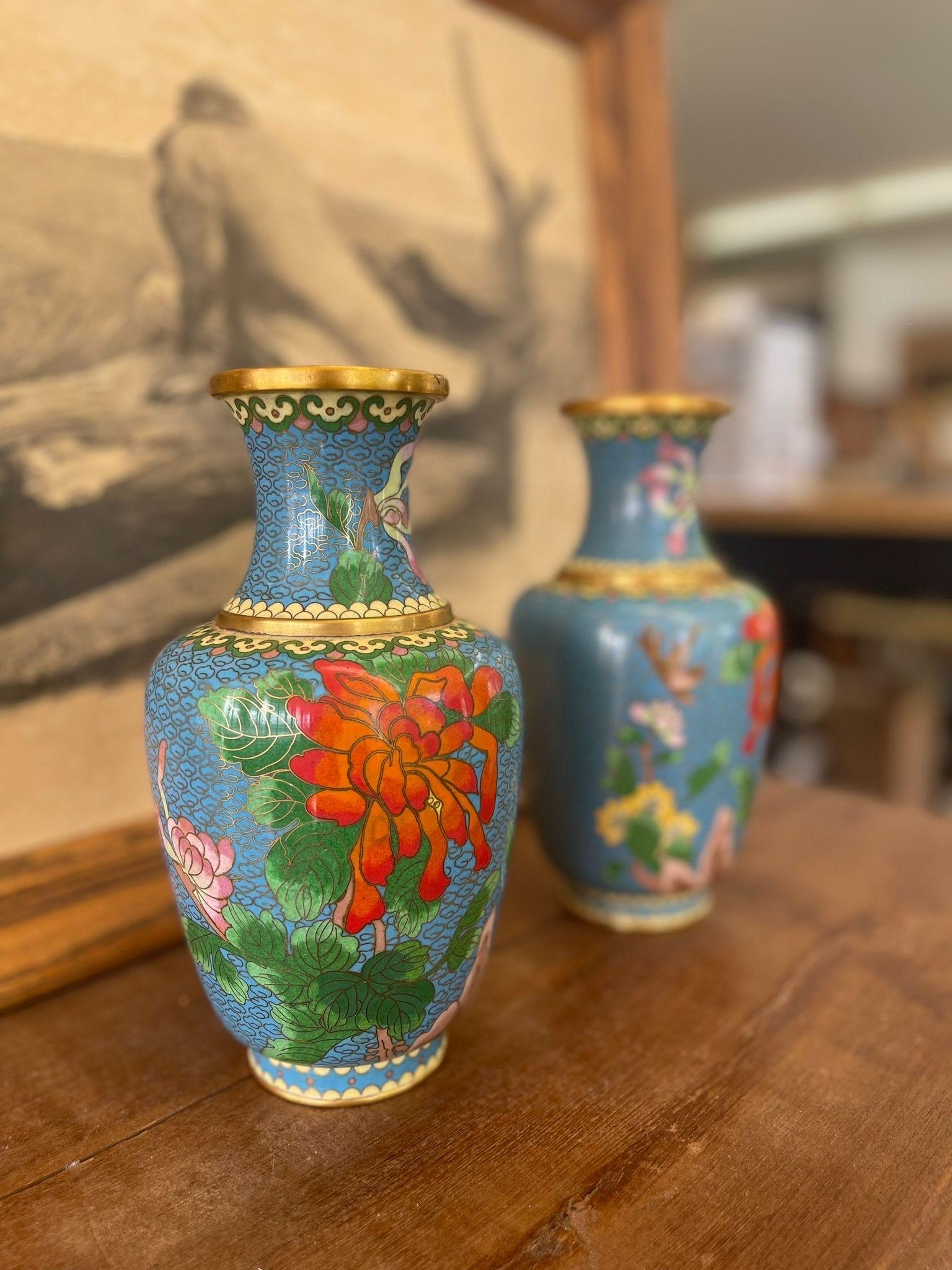 Mid-Century Modern Pair of Vintage Vases With Floral and Bird Motif and Bright Colors. For Sale