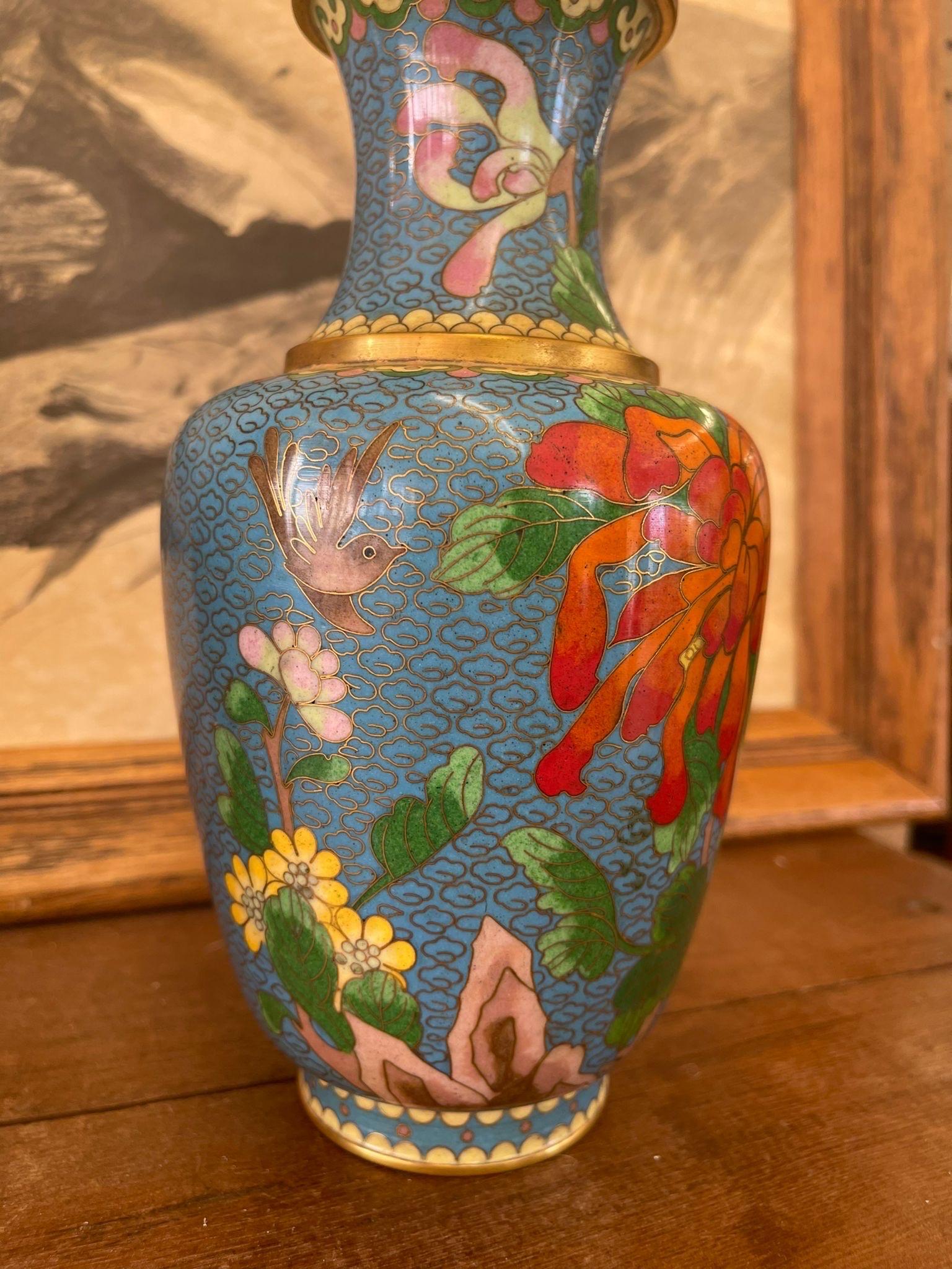 Pair of Vintage Vases With Floral and Bird Motif and Bright Colors. In Good Condition For Sale In Seattle, WA