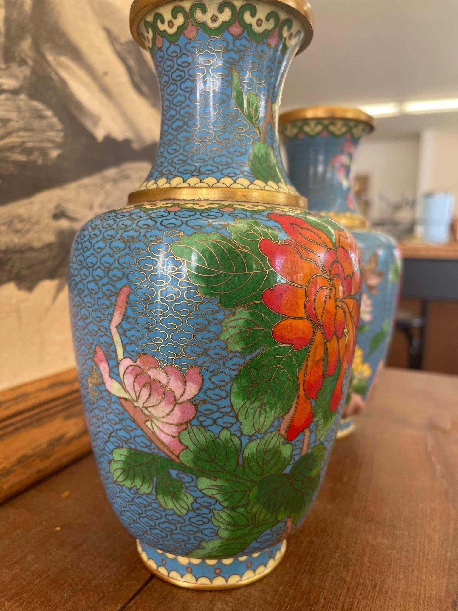 Late 20th Century Pair of Vintage Vases With Floral and Bird Motif and Bright Colors. For Sale