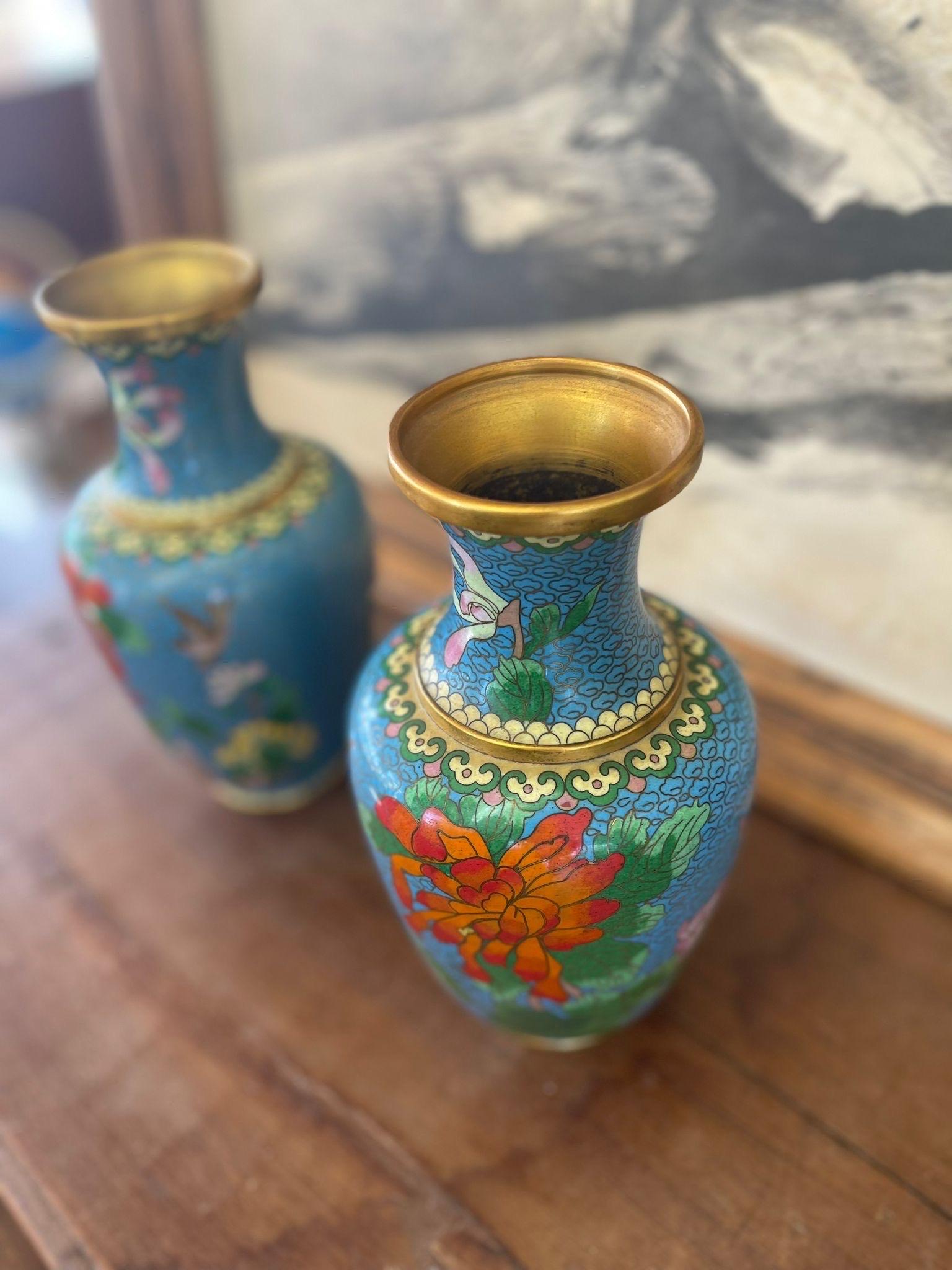 Metal Pair of Vintage Vases With Floral and Bird Motif and Bright Colors. For Sale