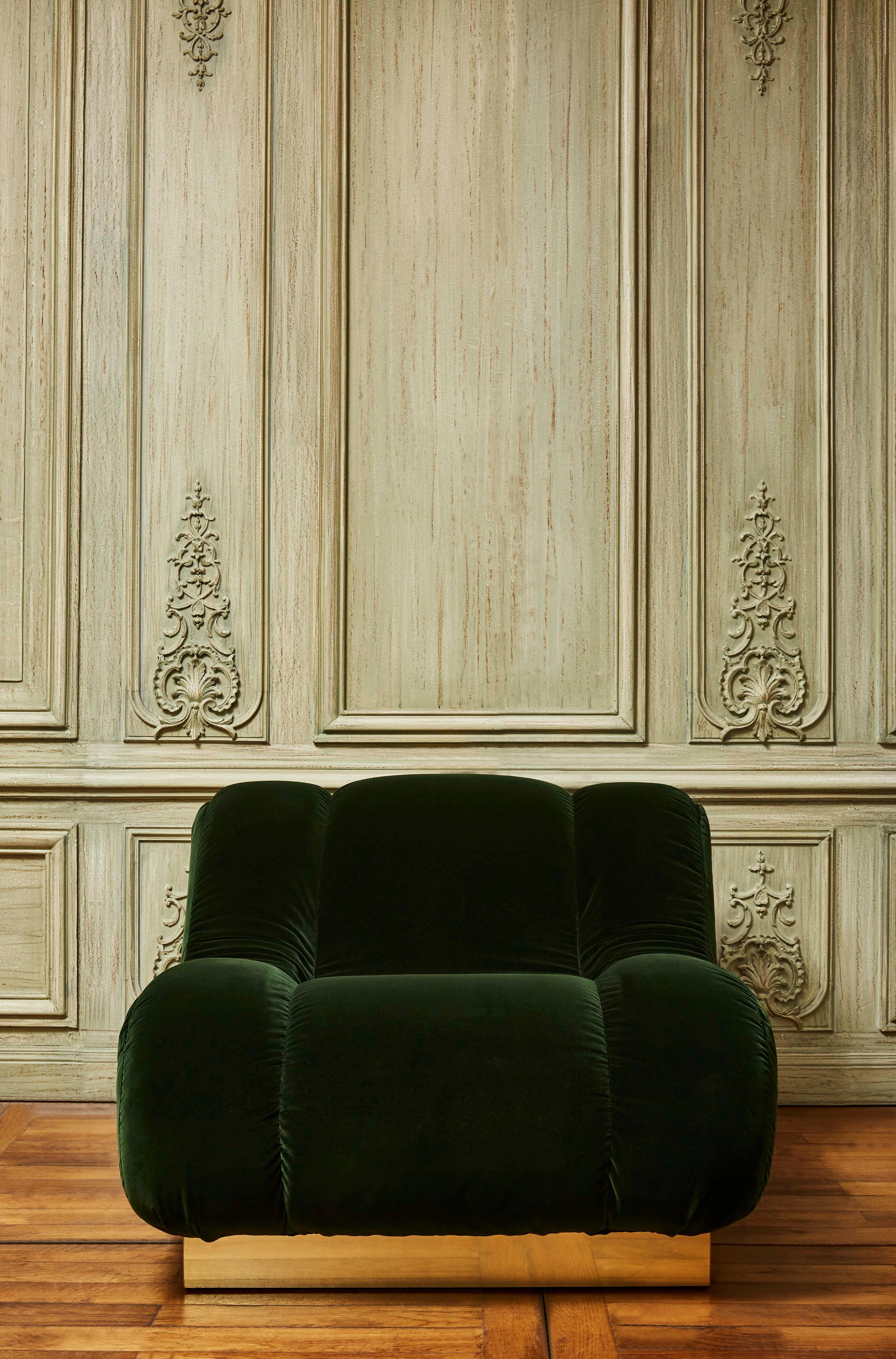 Pair of vintage armchairs upholstered with a green velvet on a brass base, Italy, 1970s.
 