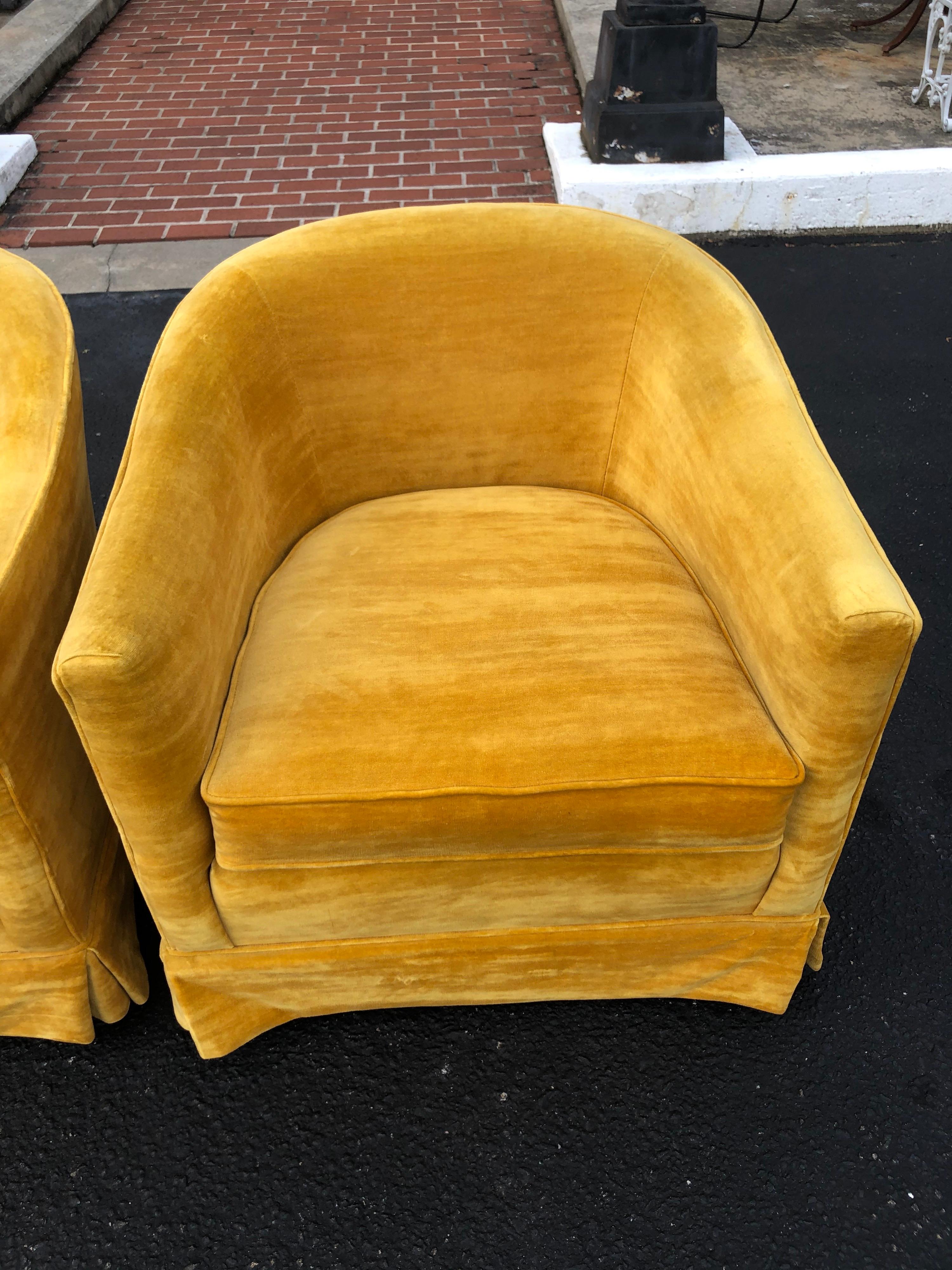 Mid-Century Modern Pair of Vintage Velvet Club Chairs in Mustard