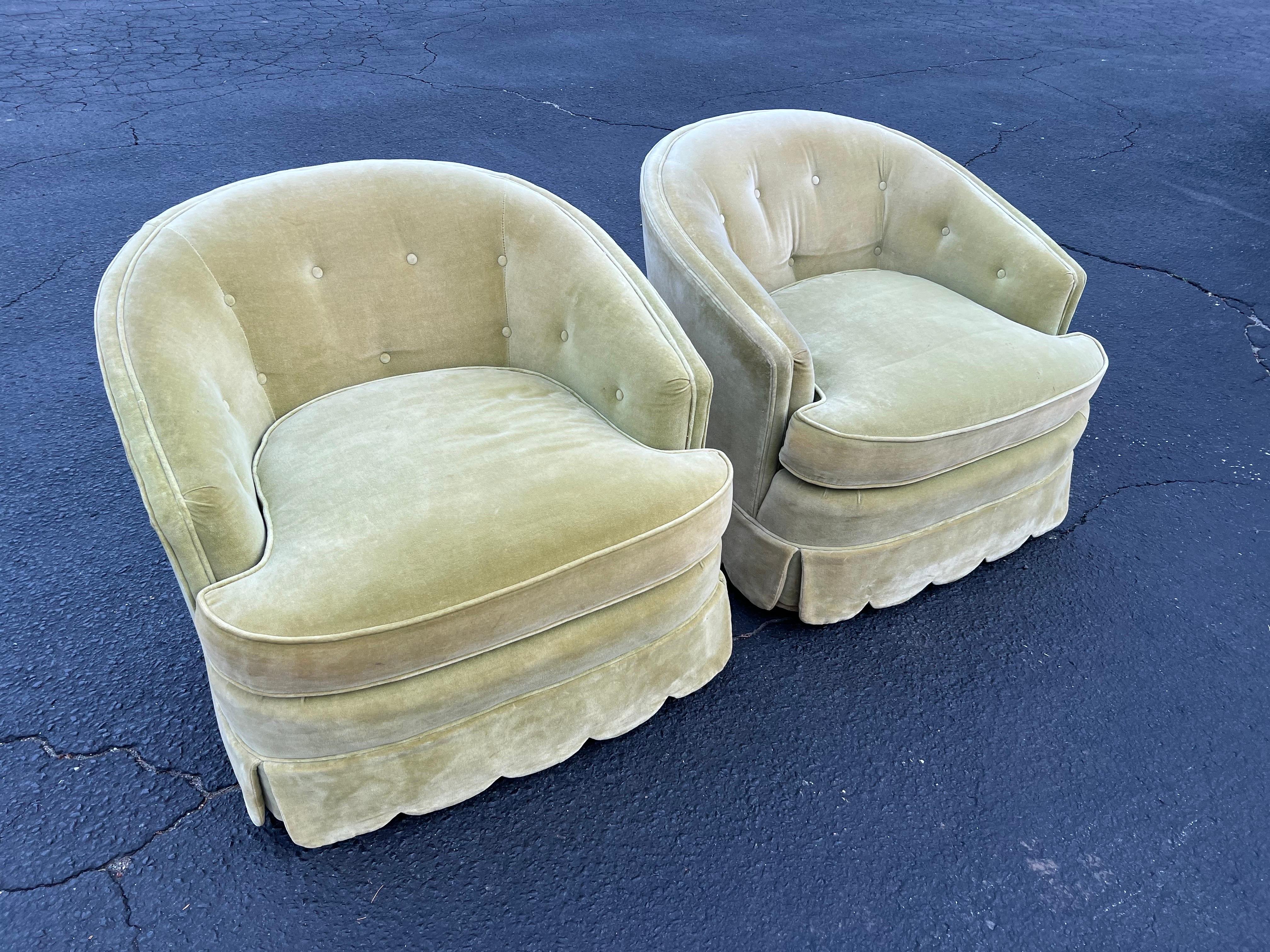 Mid-Century Modern Pair of Vintage Velvet Henredon Swivel Chairs