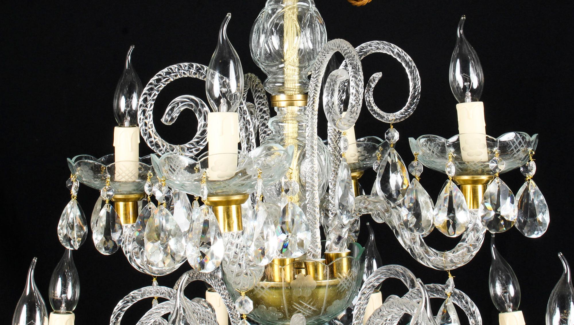 Pair of Vintage Venetian 12 Light Crystal Chandeliers 20th Century For Sale 1