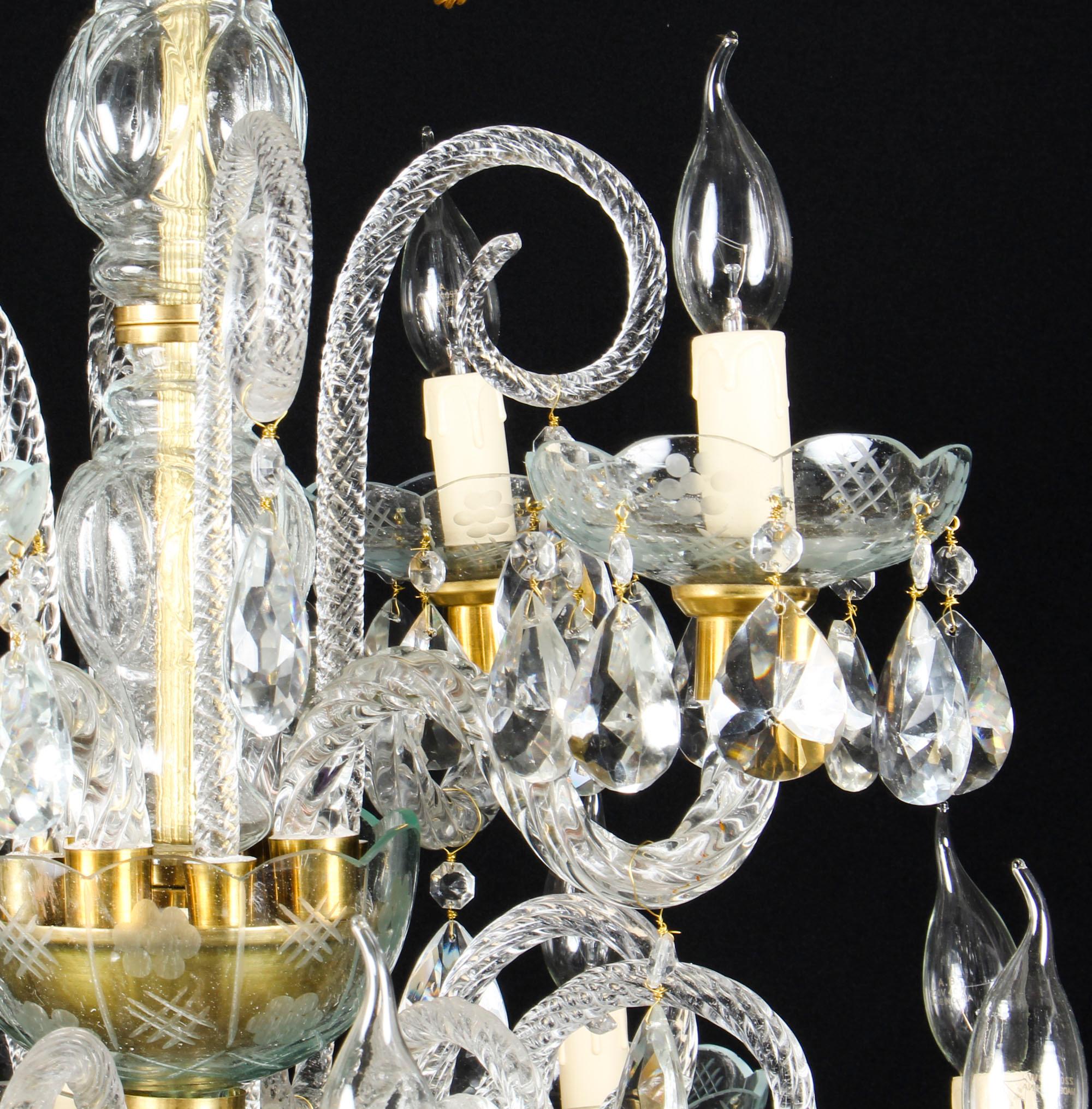 Pair of Vintage Venetian 12 Light Crystal Chandeliers 20th Century For Sale 2