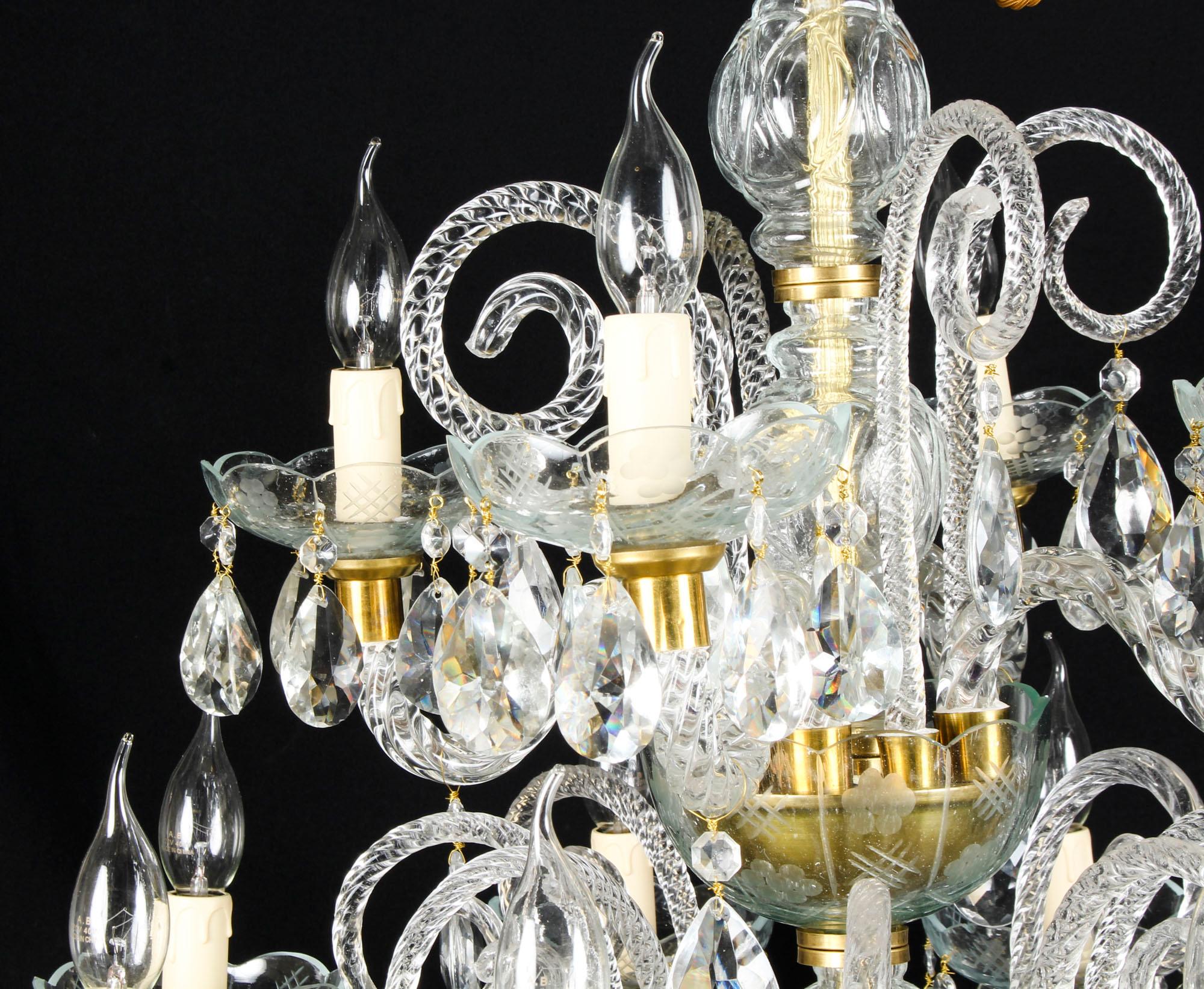 Pair of Vintage Venetian 12 Light Crystal Chandeliers 20th Century For Sale 3