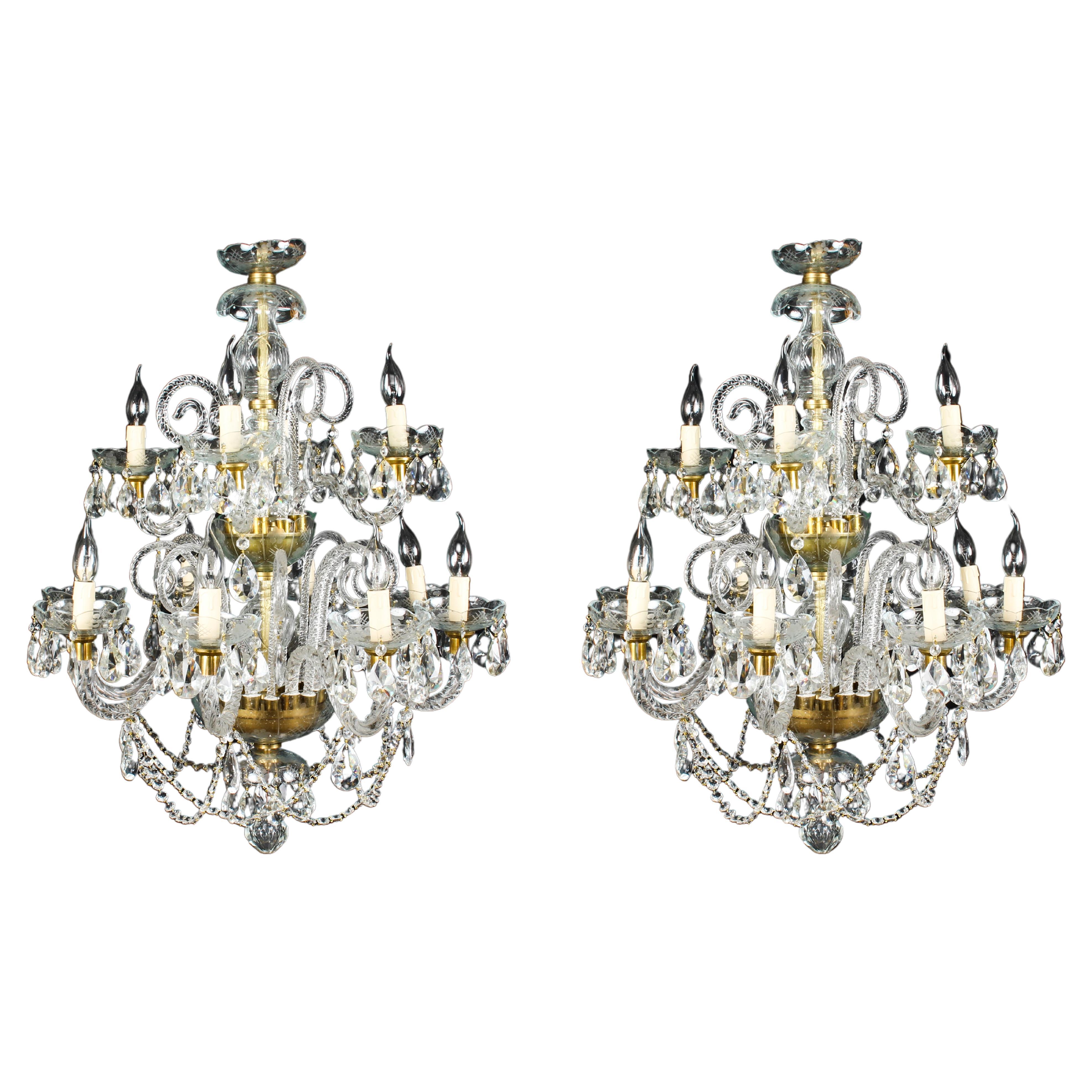 Pair of Vintage Venetian 12 Light Crystal Chandeliers 20th Century For Sale