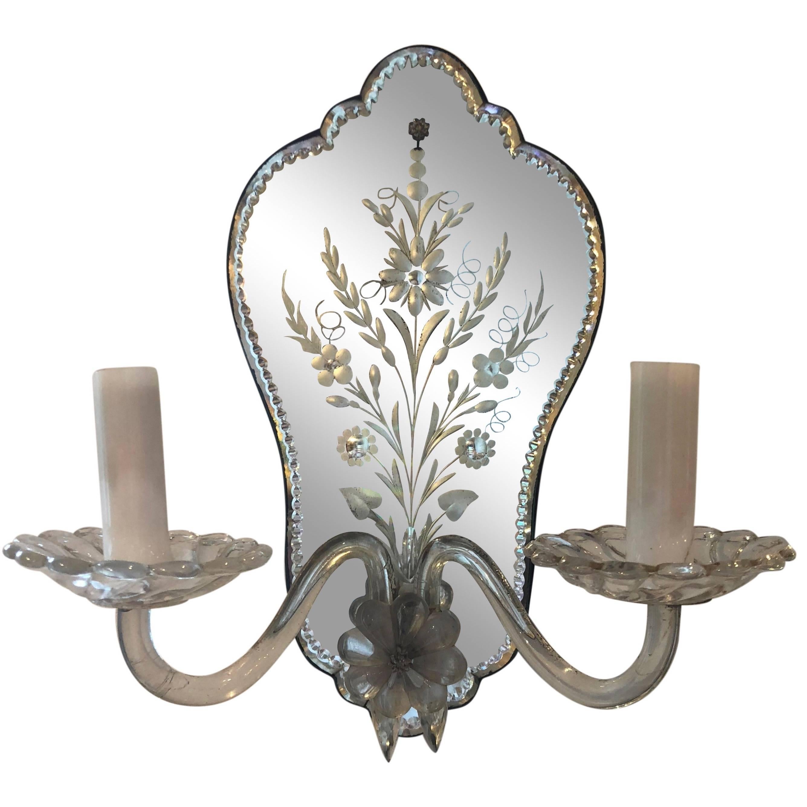 Pair of Venetian vintage mirrored wall sconces with detailed identical floral etching from 1950s.