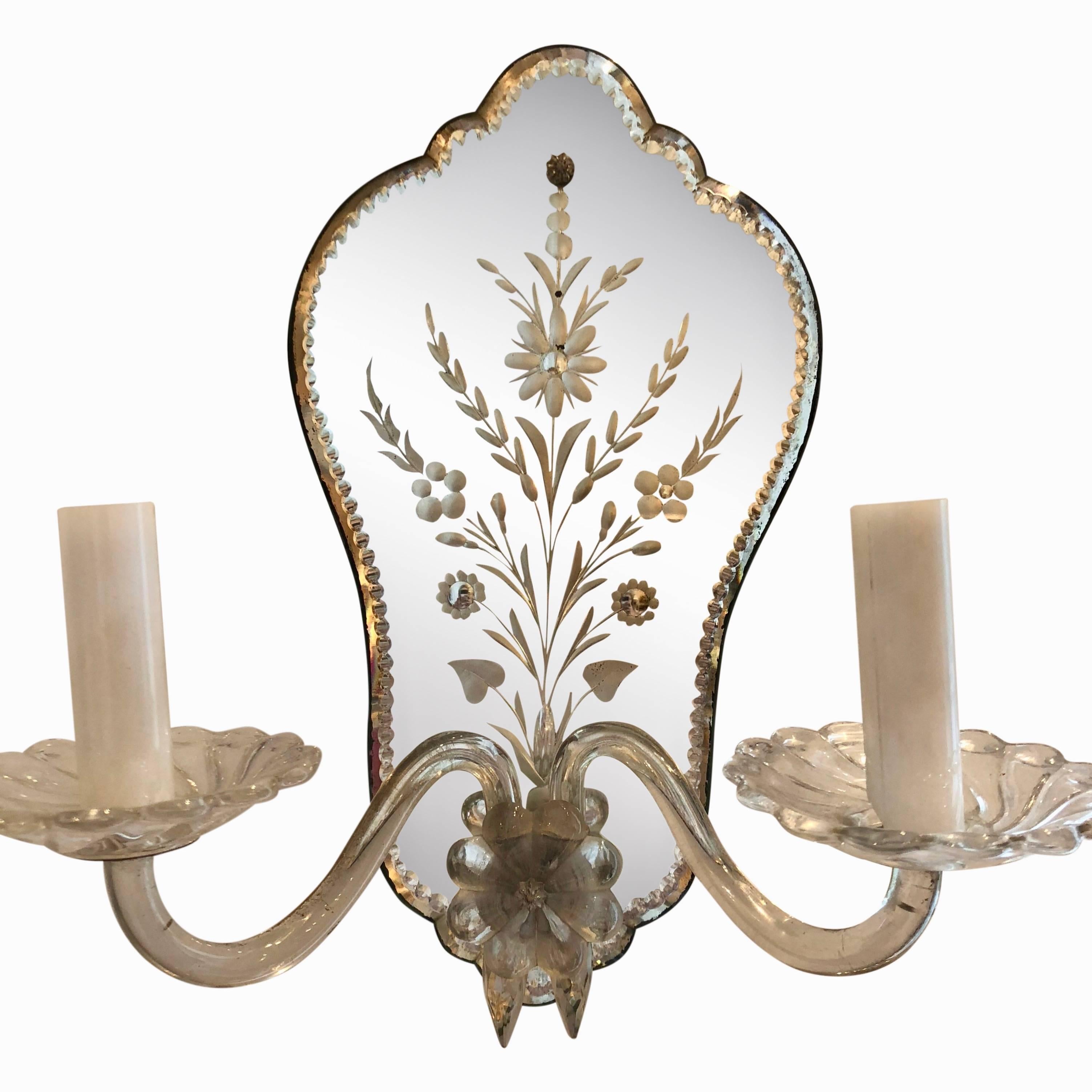 Mid-20th Century Pair of Vintage Venetian Etched Sconces, circa 1950