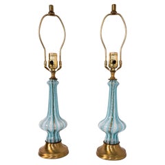 Pair of Vintage Venetian Lights or Lamps, Sky Blue Latticino Stripe 24 K Gold