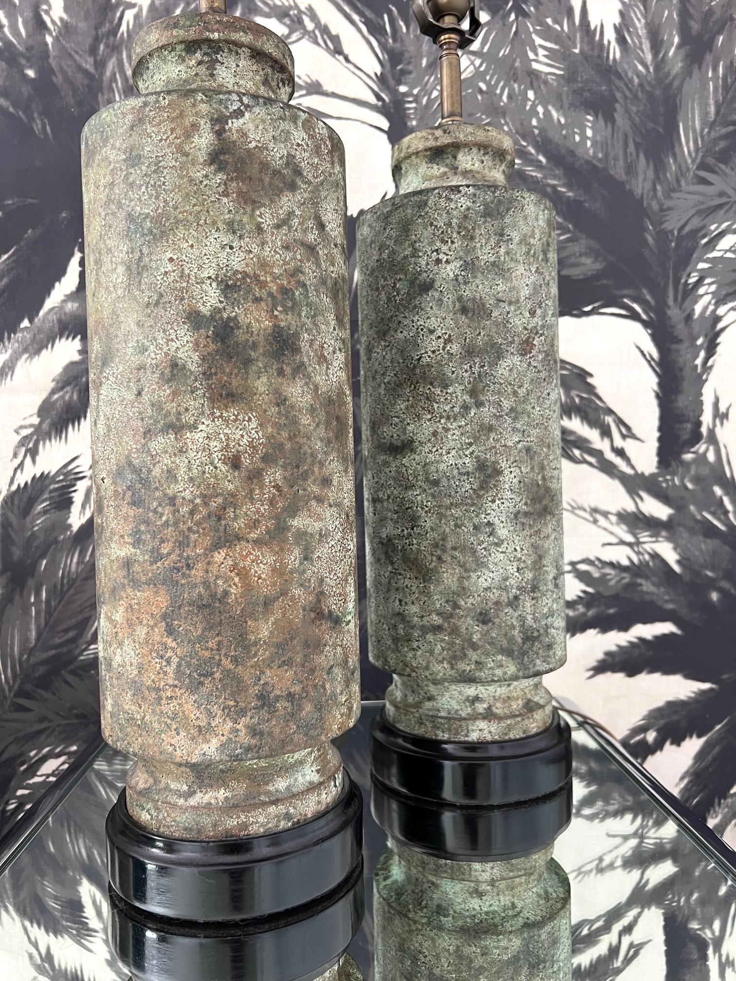Pair of Pagoda Column Lamps with Verdigris Finish and Ebony Bases, 1960s For Sale 2