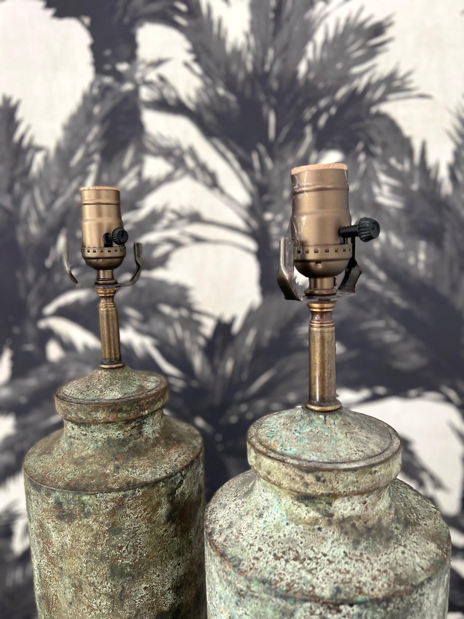Pair of Pagoda Column Lamps with Verdigris Finish and Ebony Bases, 1960s 3