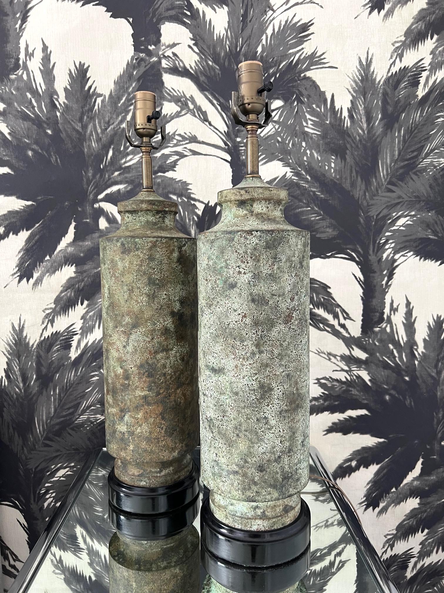Metal Pair of Pagoda Column Lamps with Verdigris Finish and Ebony Bases, 1960s For Sale