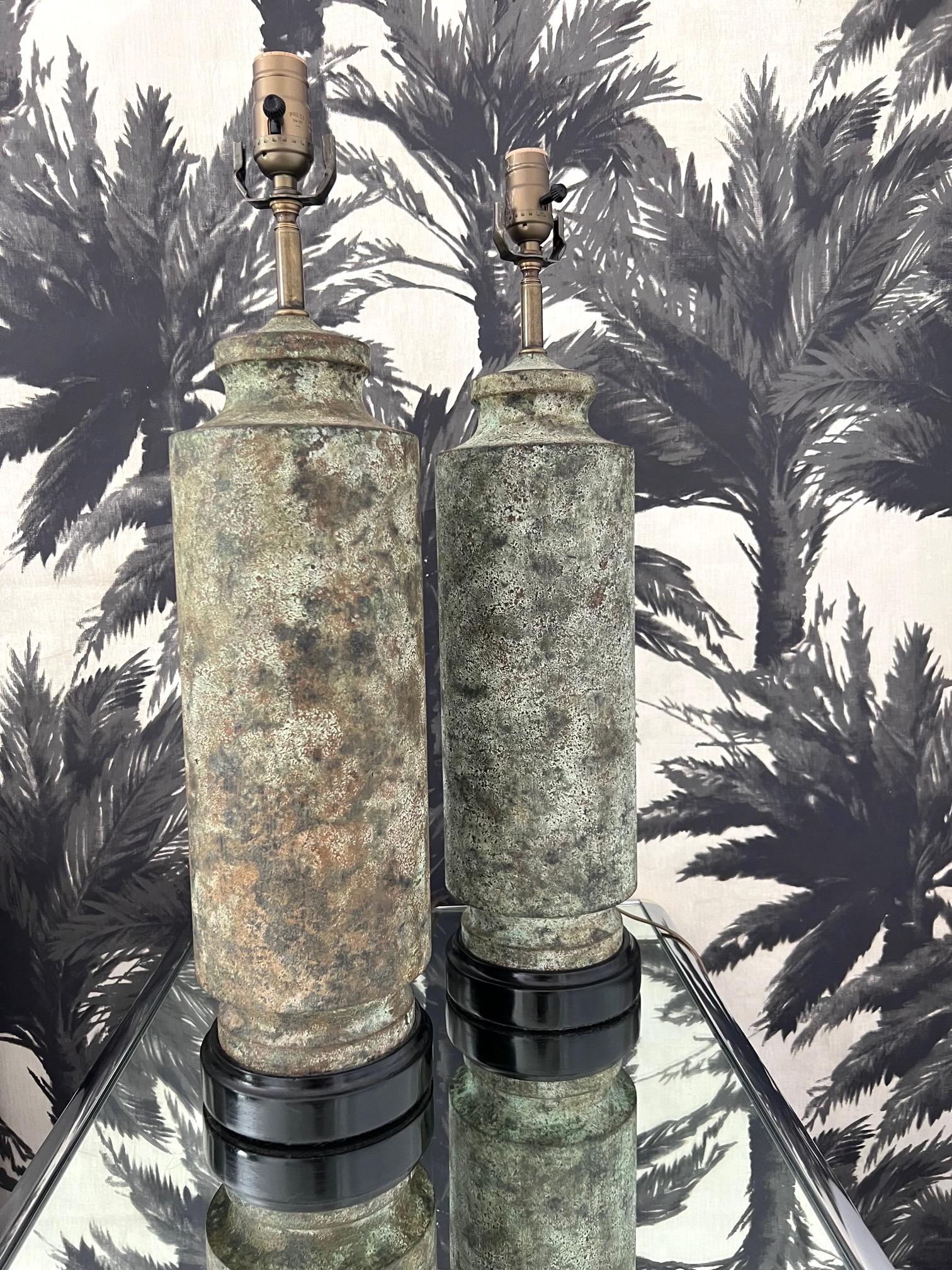 Pair of Pagoda Column Lamps with Verdigris Finish and Ebony Bases, 1960s For Sale 1
