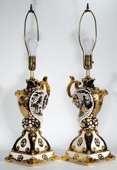 Pair of Vintage Victorian Style Reticulated Gilded Majolica Urn Table Lamps