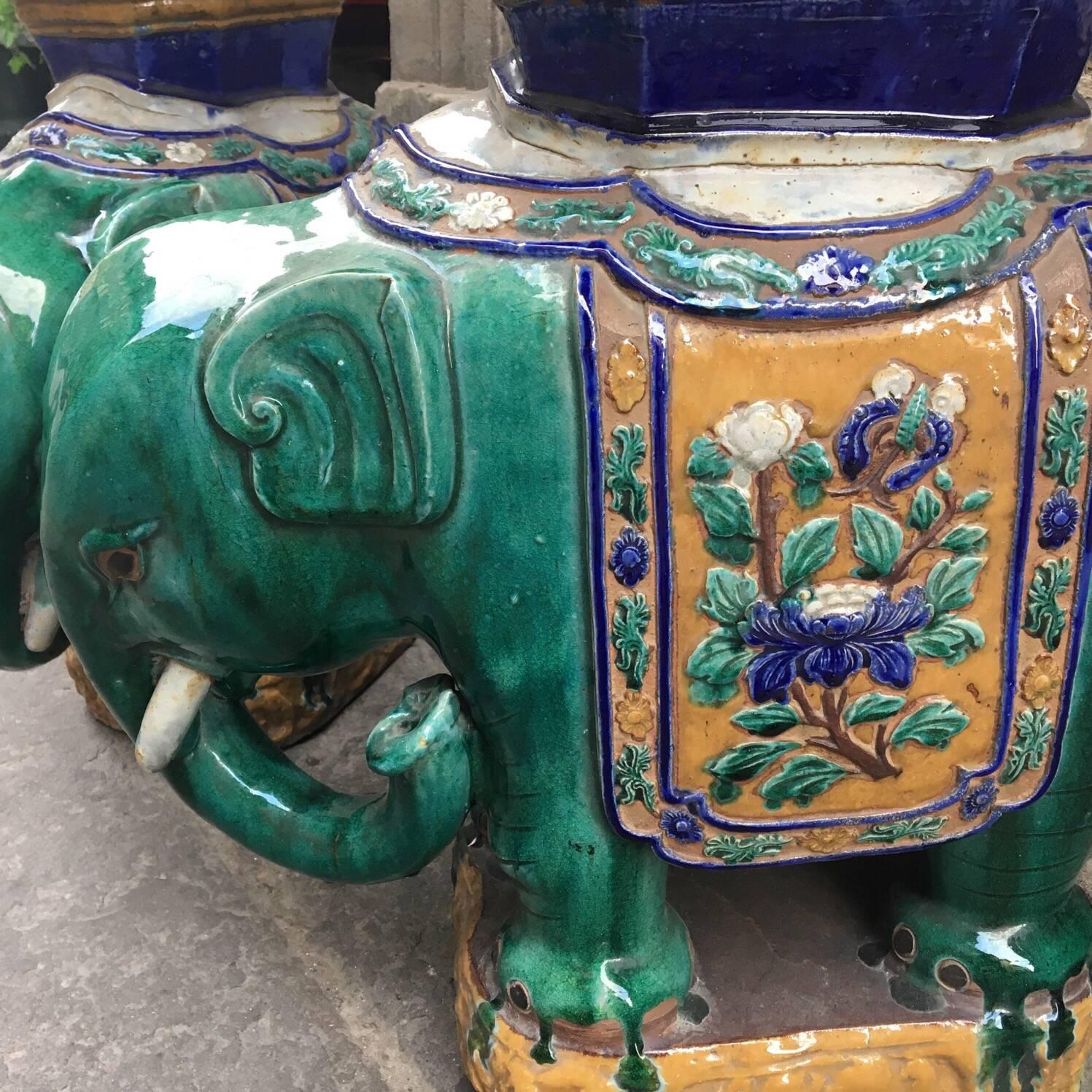 Mid-20th Century Pair of Vintage Vietnamese Ceramic Elephant Tables / Plant Stands