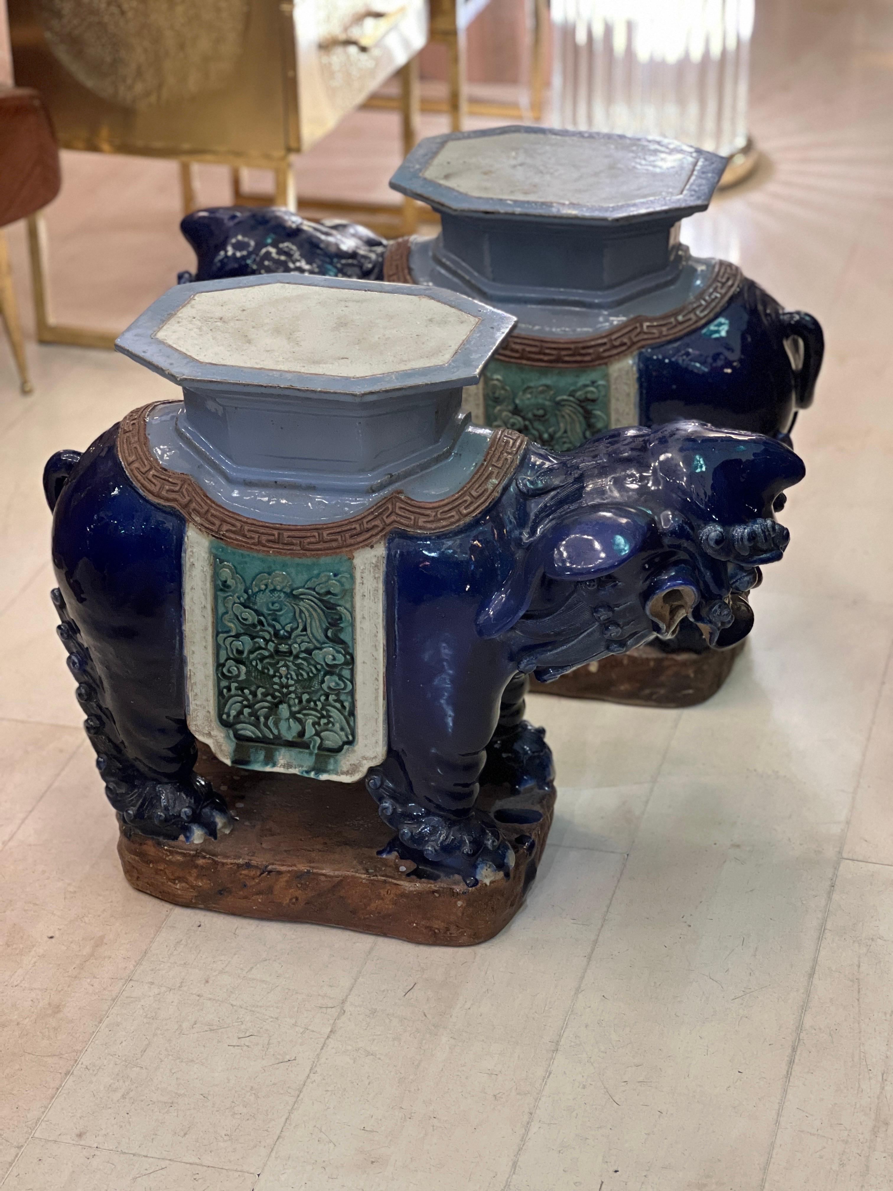 Pair of Vintage Vietnamese Ceramic Foo Dogs Tables / Plant Stands For Sale 4