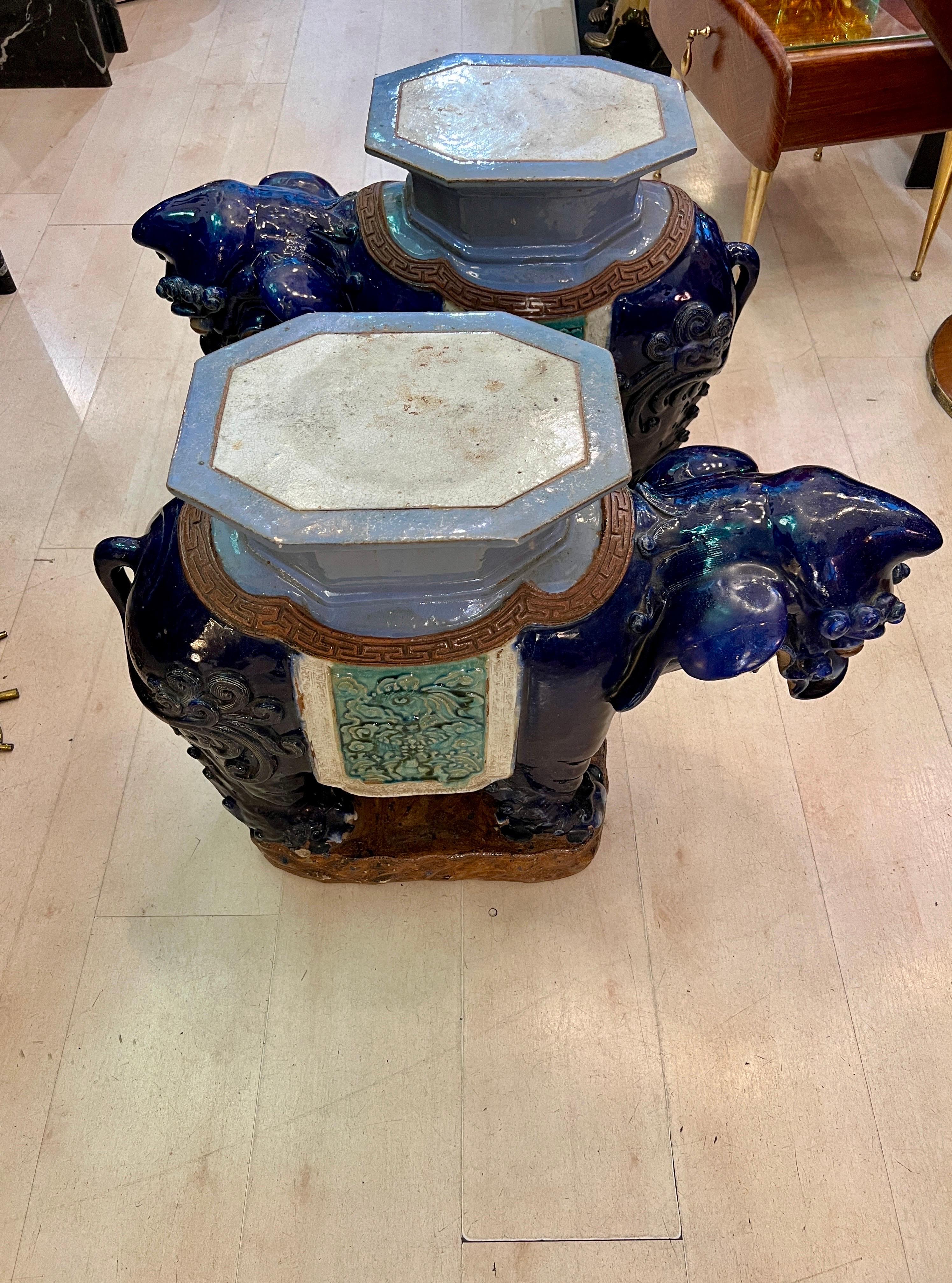 Pair of Vintage Vietnamese Ceramic Foo Dogs Tables / Plant Stands For Sale 5