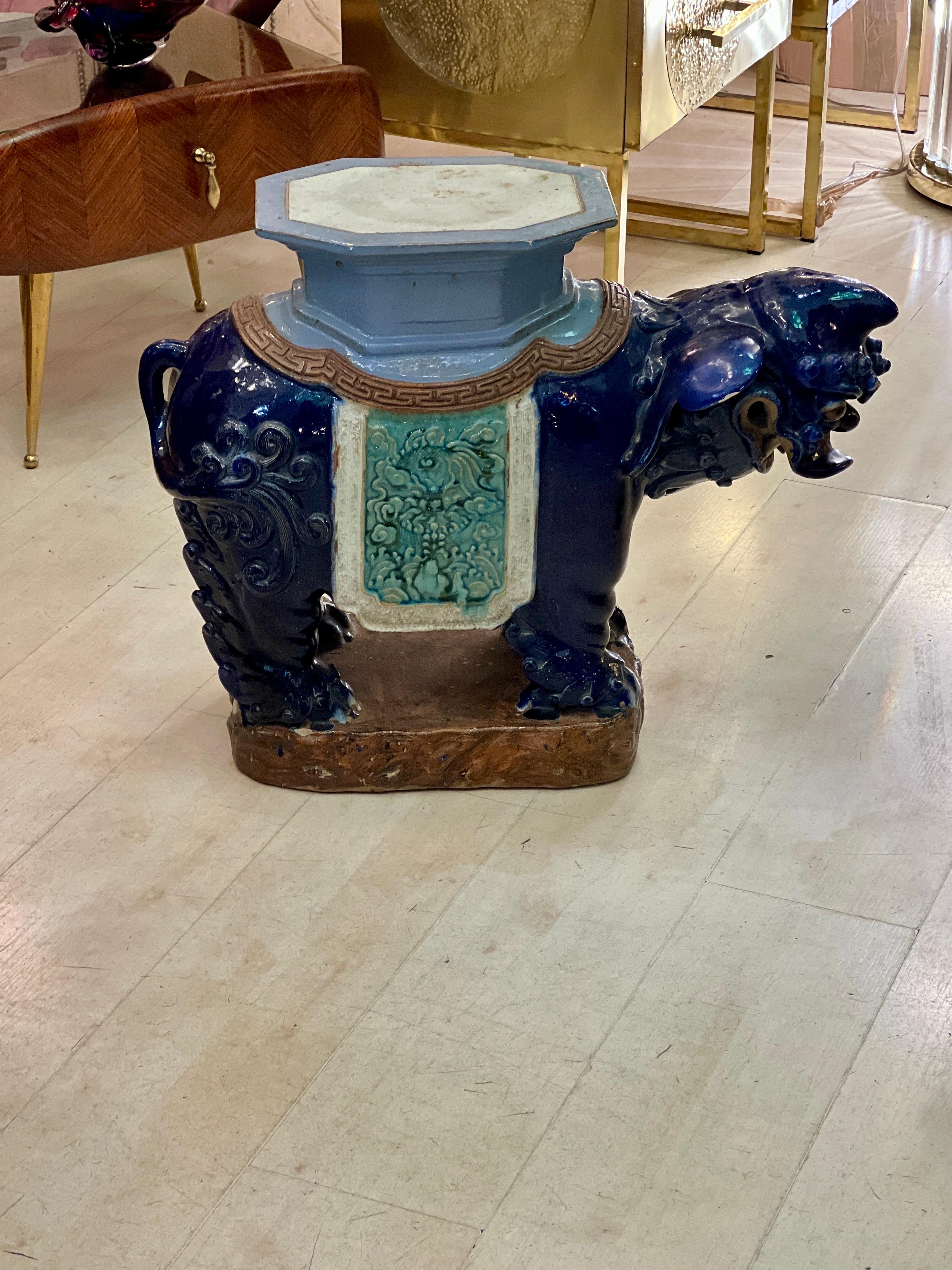 Italian Pair of Vintage Vietnamese Ceramic Foo Dogs Tables / Plant Stands For Sale