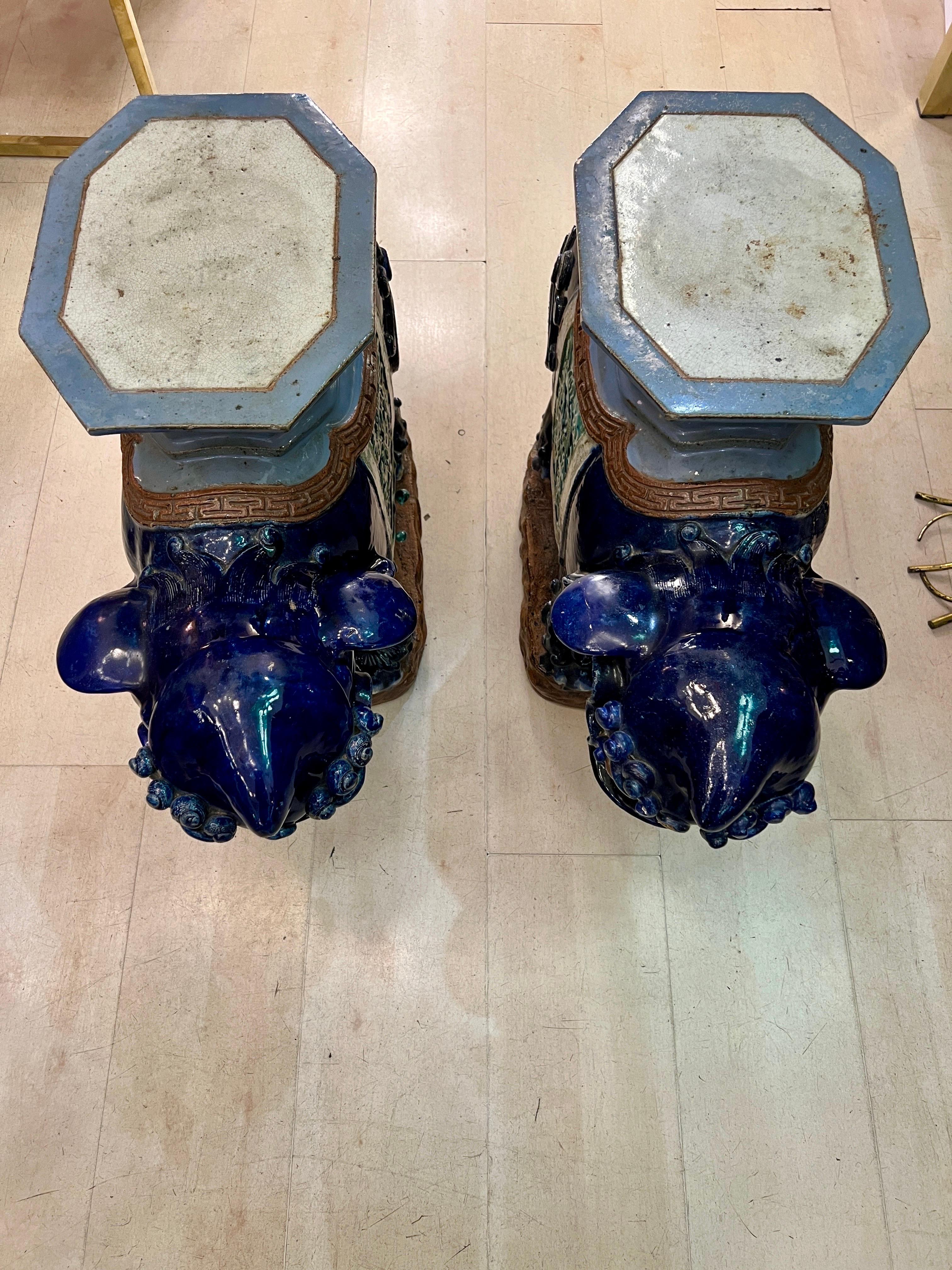 20th Century Pair of Vintage Vietnamese Ceramic Foo Dogs Tables / Plant Stands For Sale