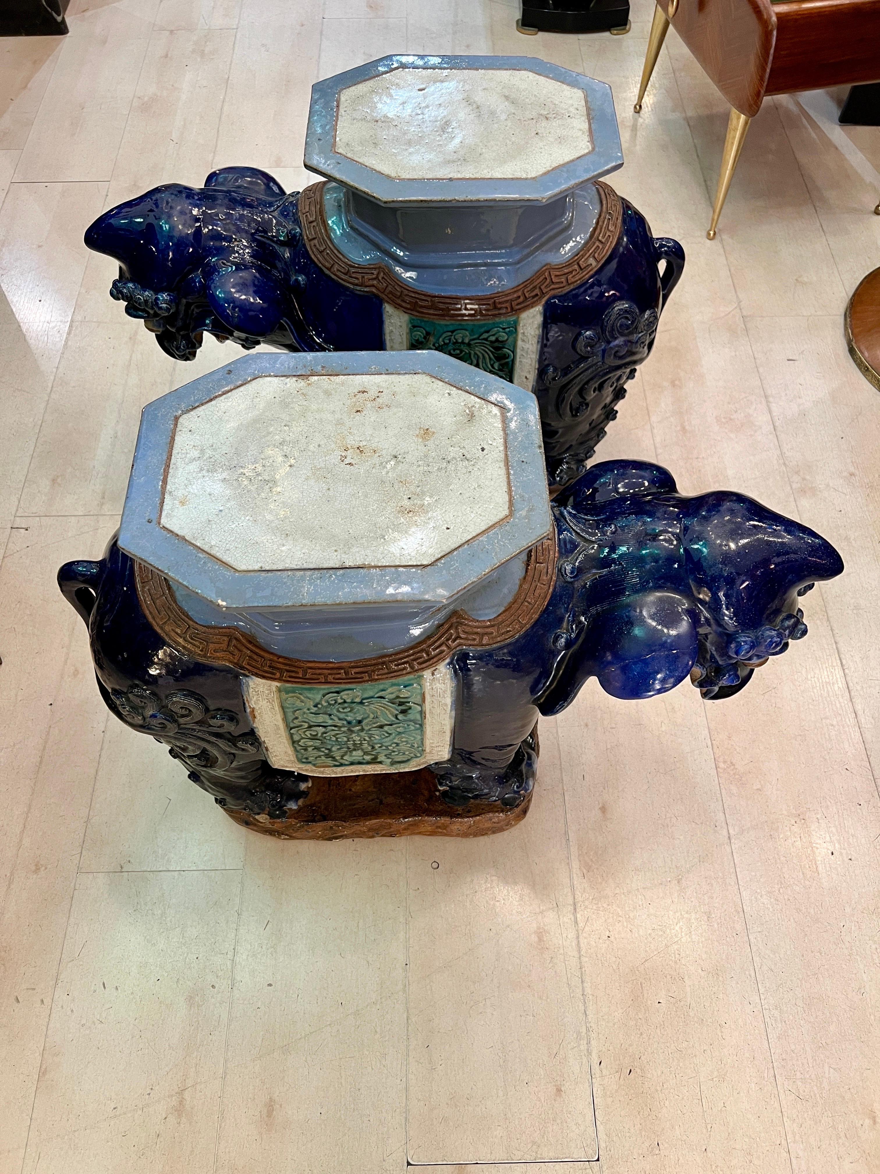 Pair of Vintage Vietnamese Ceramic Foo Dogs Tables / Plant Stands For Sale 3