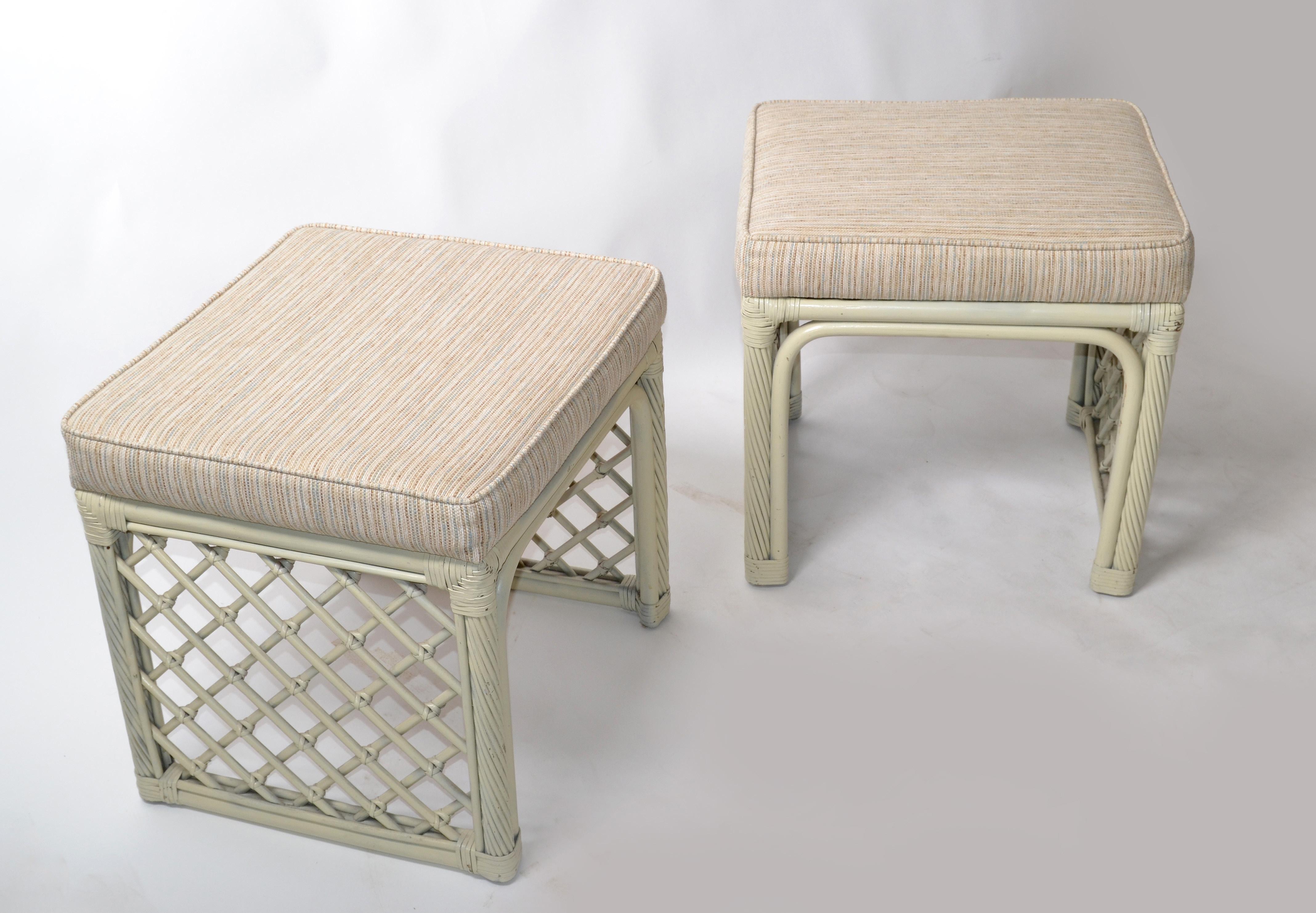 Mid-Century Modern Pair of Vintage Vogue Rattan Olive Green Bamboo and Rattan Benches Stools 1970 For Sale