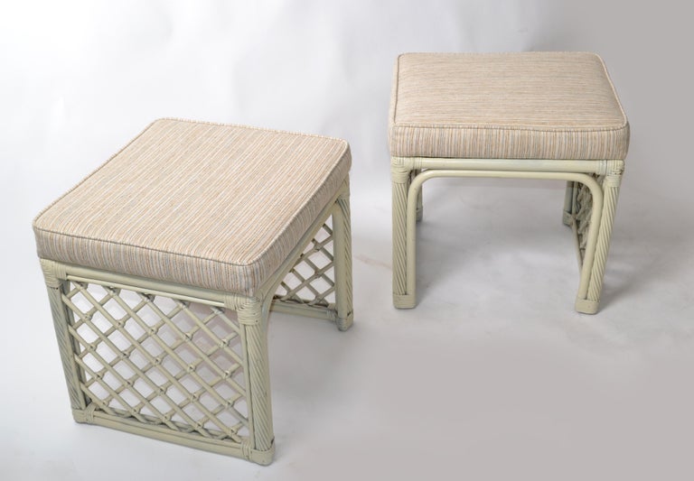 Mid-Century Modern Pair of Vintage Vogue Rattan Olive Green Bamboo and Rattan Benches or Stools For Sale