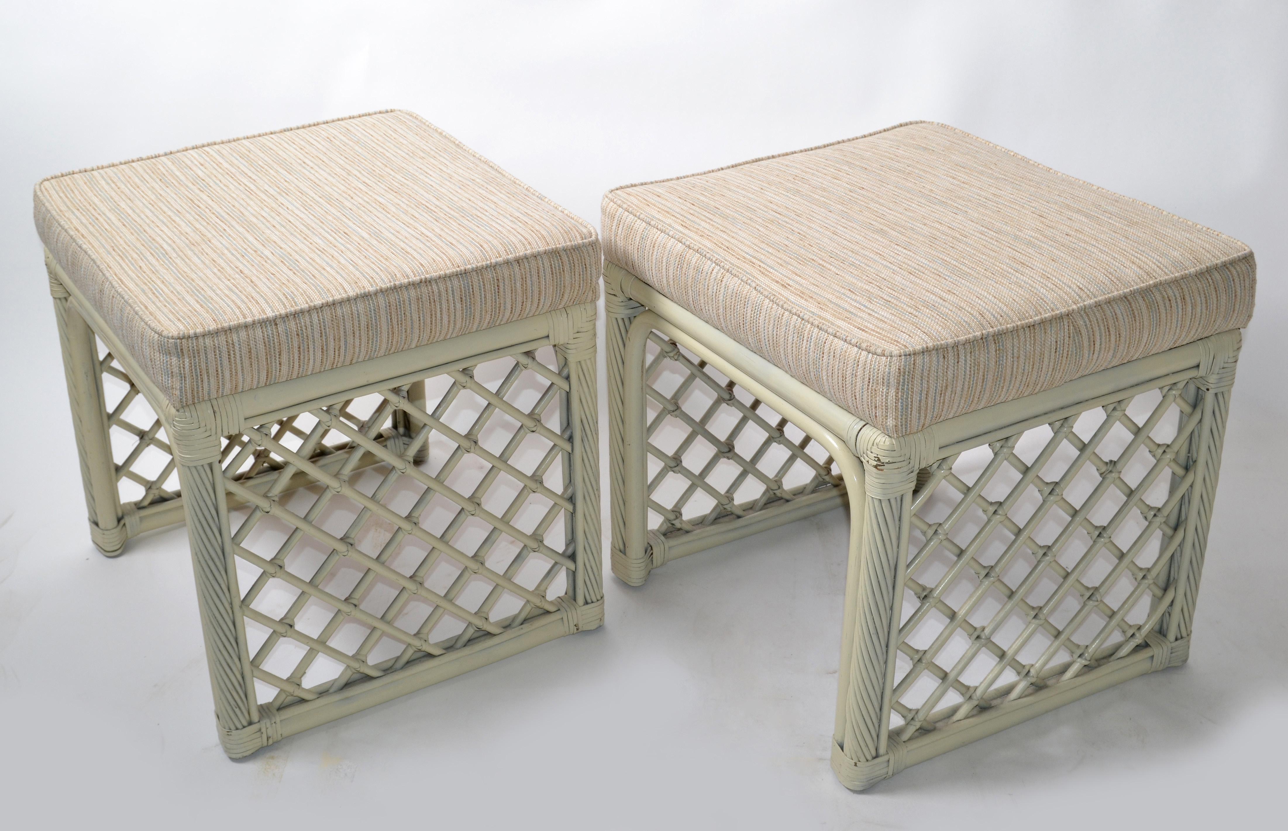 American Pair of Vintage Vogue Rattan Olive Green Bamboo and Rattan Benches Stools 1970 For Sale