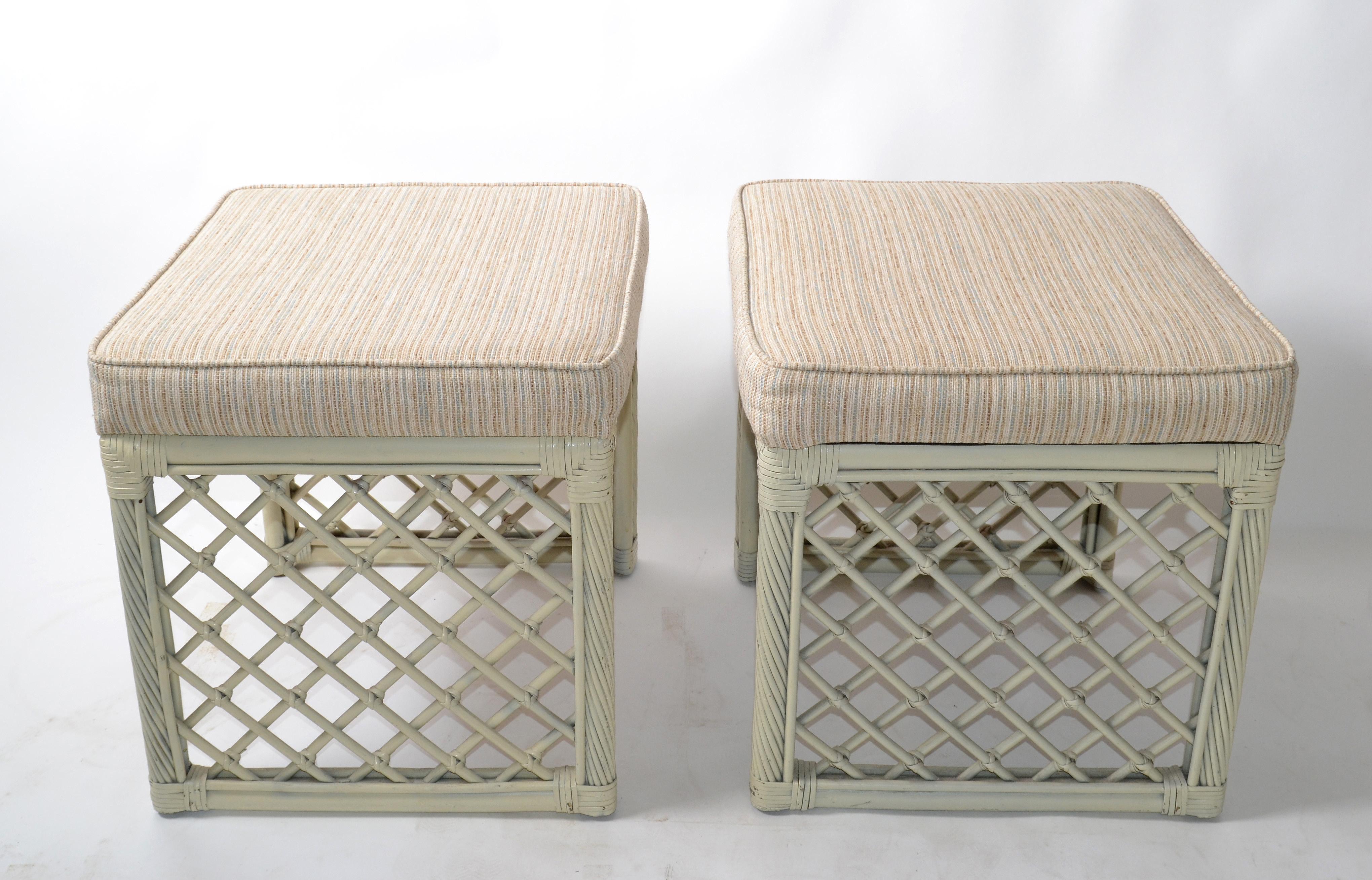 Hand-Crafted Pair of Vintage Vogue Rattan Olive Green Bamboo and Rattan Benches Stools 1970 For Sale