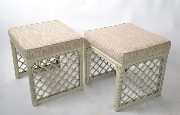 20th Century Pair of Vintage Vogue Rattan Olive Green Bamboo and Rattan Benches or Stools For Sale
