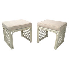 Pair of Retro Vogue Rattan Olive Green Bamboo and Rattan Benches Stools 1970