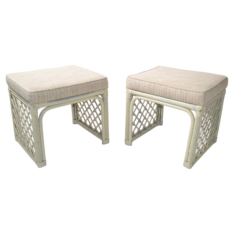 Pair of Vintage Vogue Rattan Olive Green Bamboo and Rattan Benches or Stools For Sale
