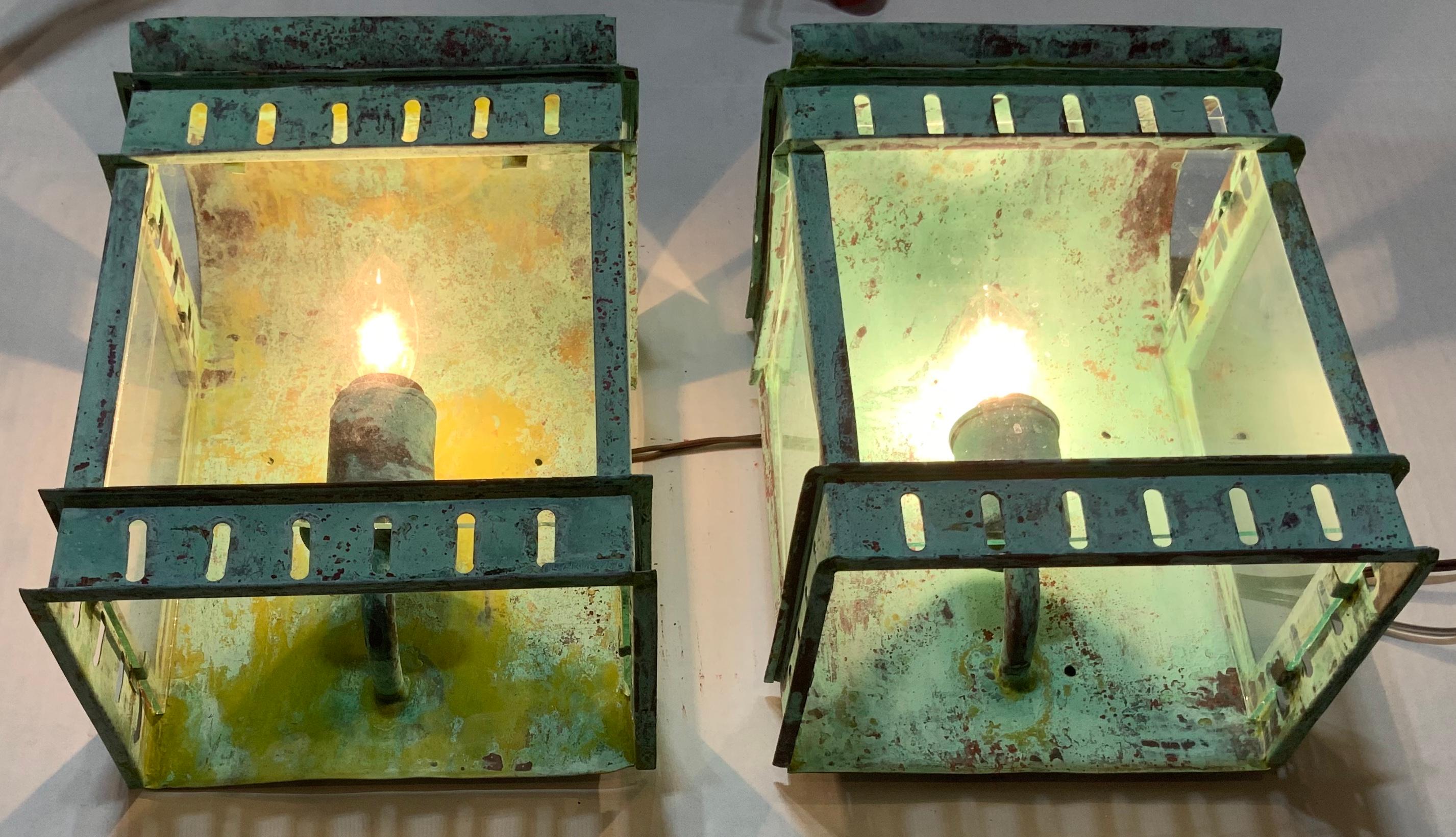 Pair of Vintage Wall Hanging Copper Lantern In Good Condition In Delray Beach, FL