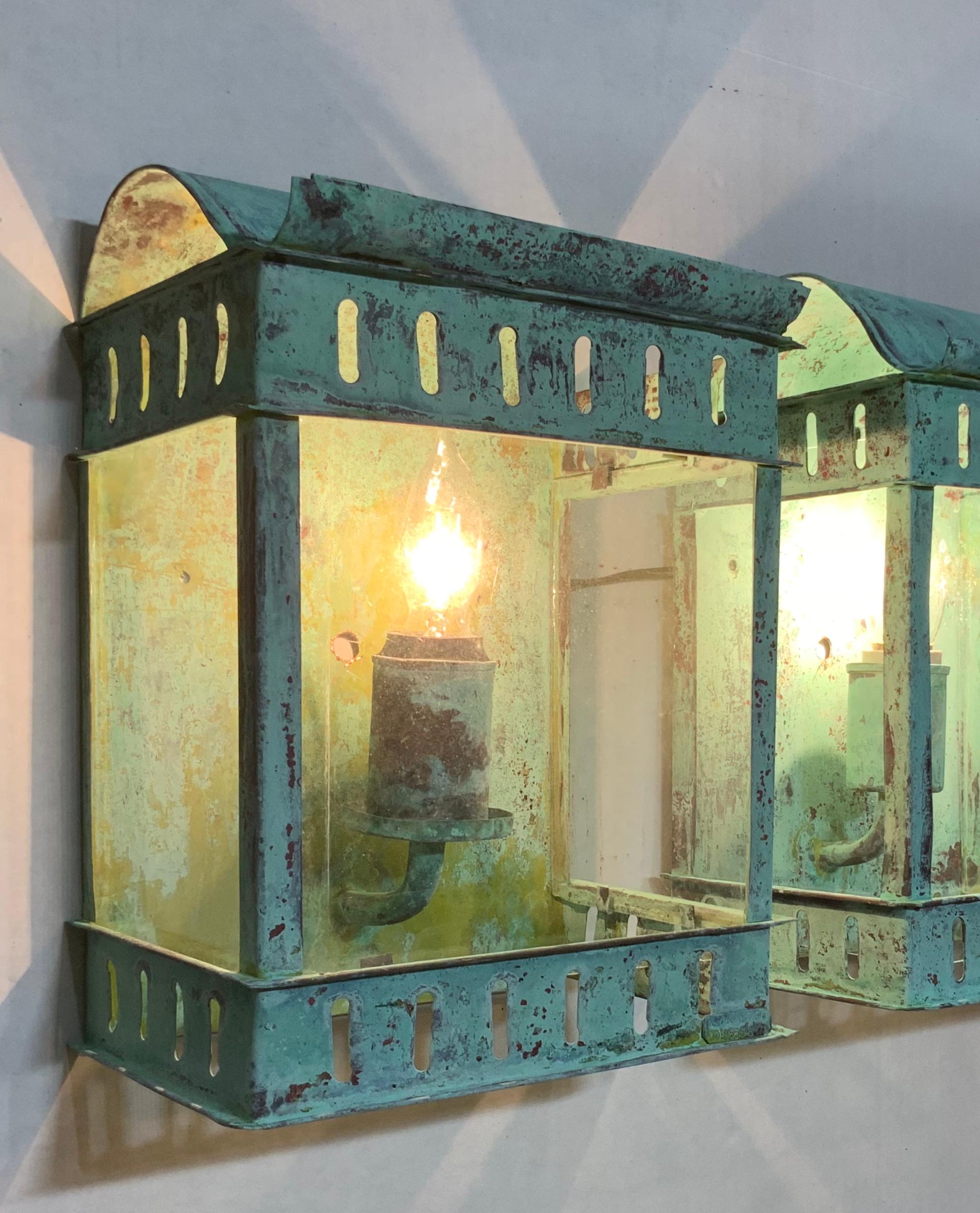 Glass Pair of Vintage Wall Hanging Copper Lantern