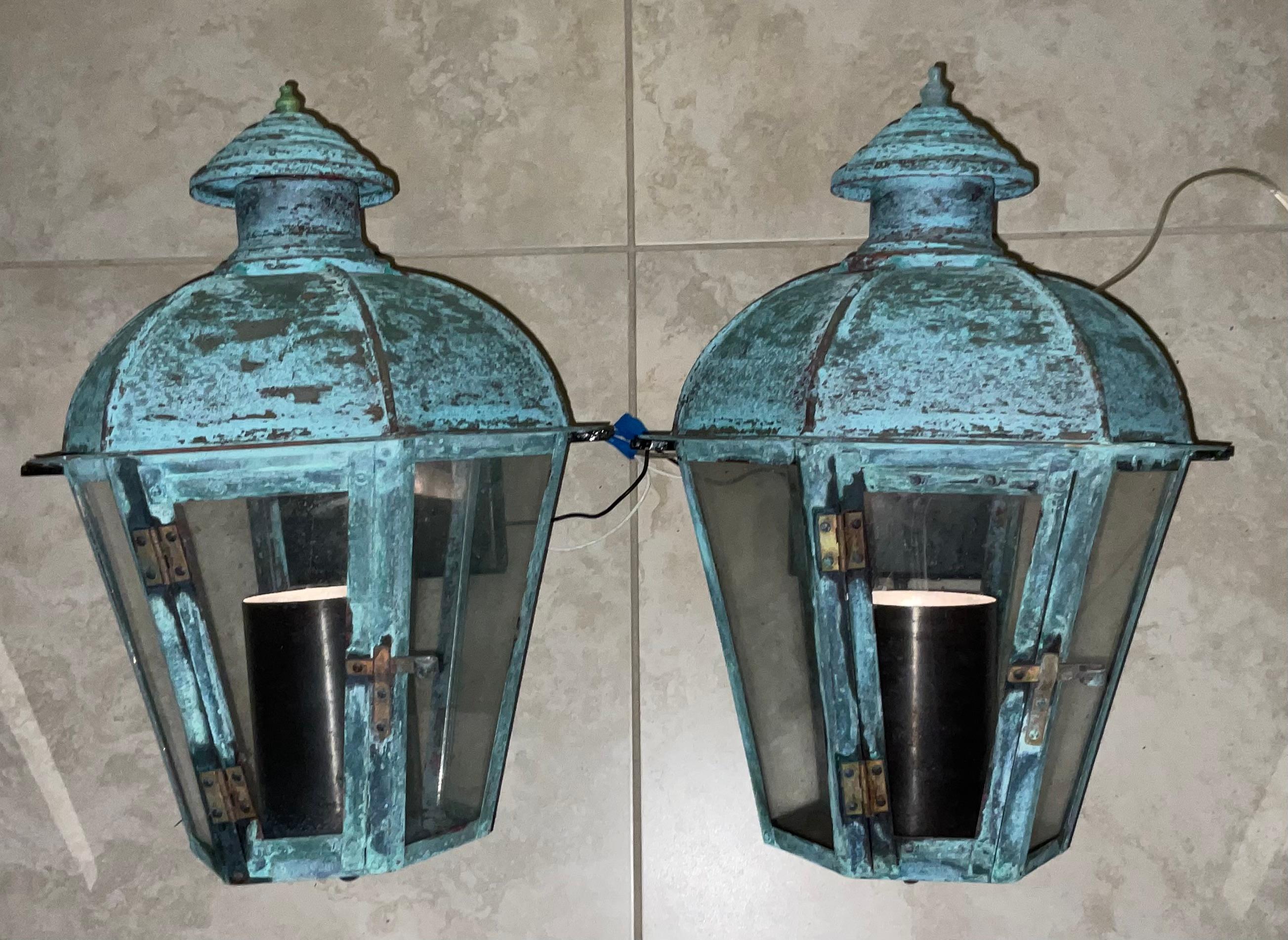 Hand-Crafted Pair of Vintage Wall Hanging Solid Copper Lantern For Sale