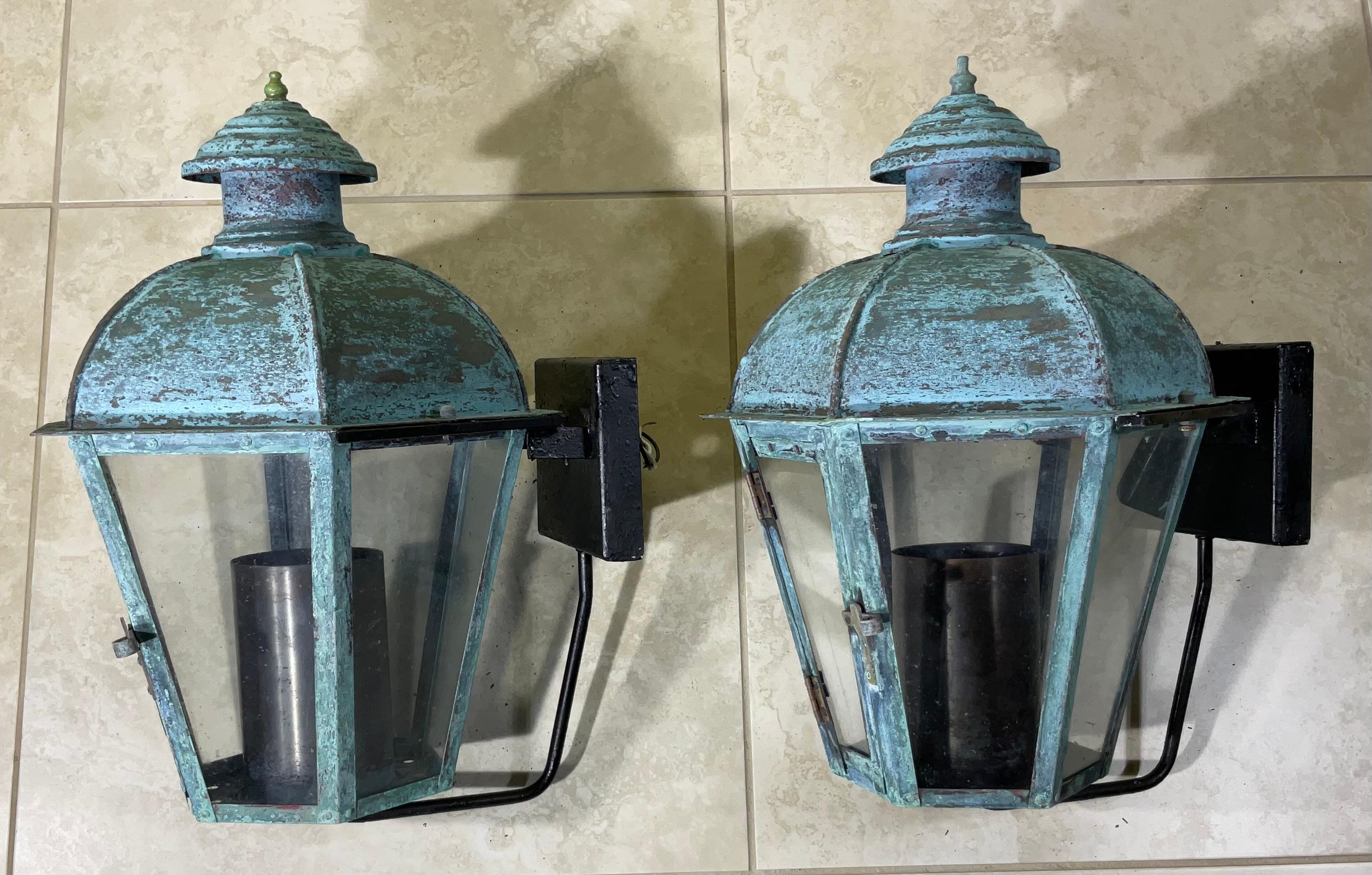 Pair of Vintage Wall Hanging Solid Copper Lantern For Sale 1
