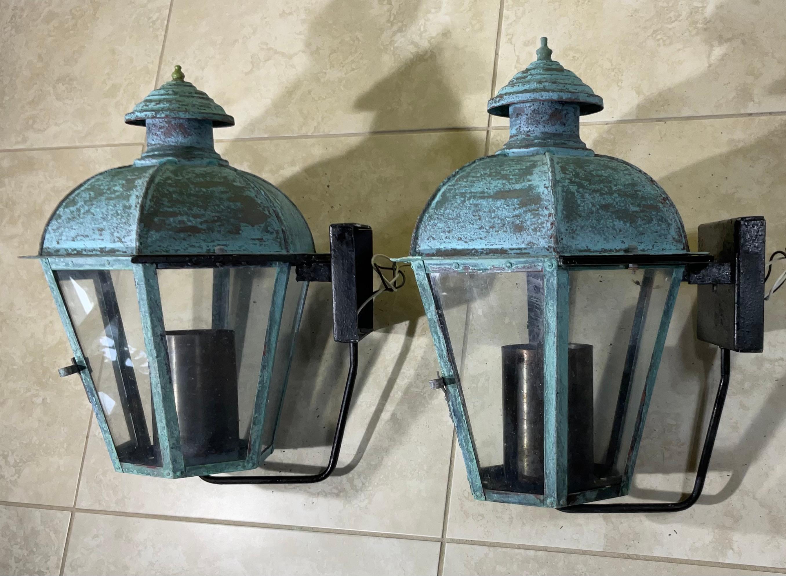 Pair of Vintage Wall Hanging Solid Copper Lantern For Sale 2