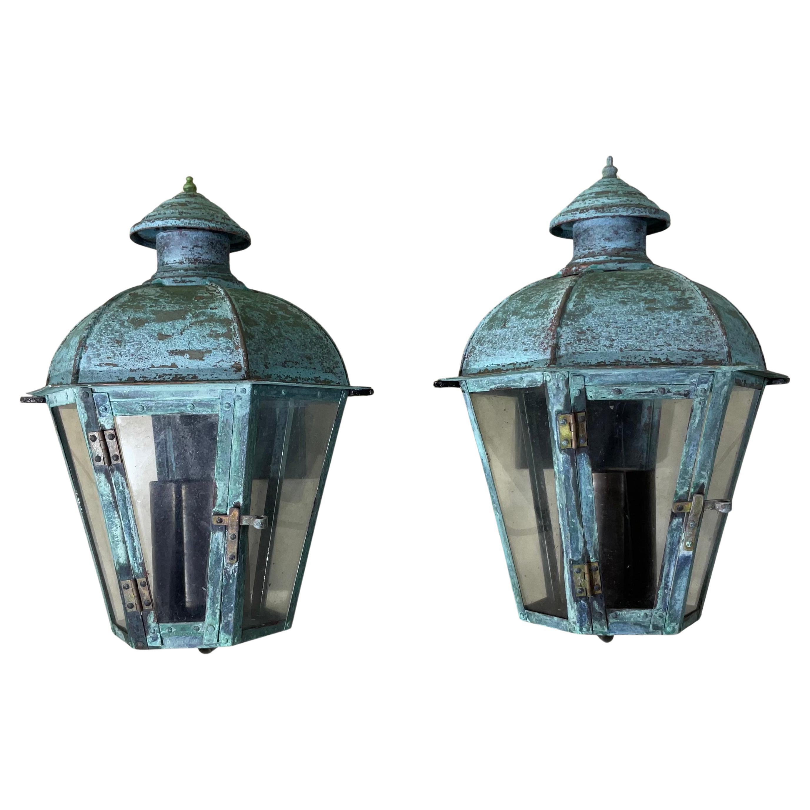 Pair of Vintage Wall Hanging Solid Copper Lantern For Sale