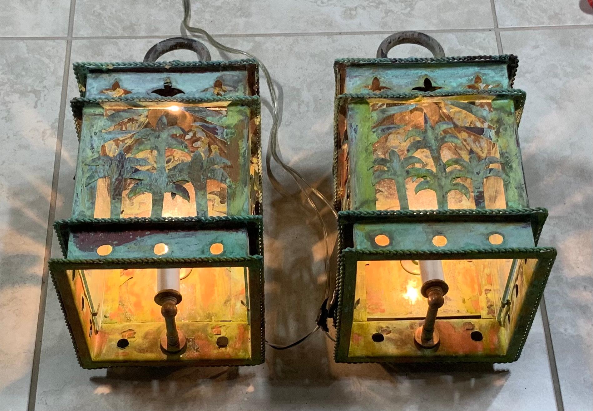 Funky beautiful pair of lantern made of copper artistically hand crafted, one 60/watt light each lantern.
This pair is not suitable for wet locations. Will look great indoor or under canopy.
Originally the pair were hanging lantern, converted to