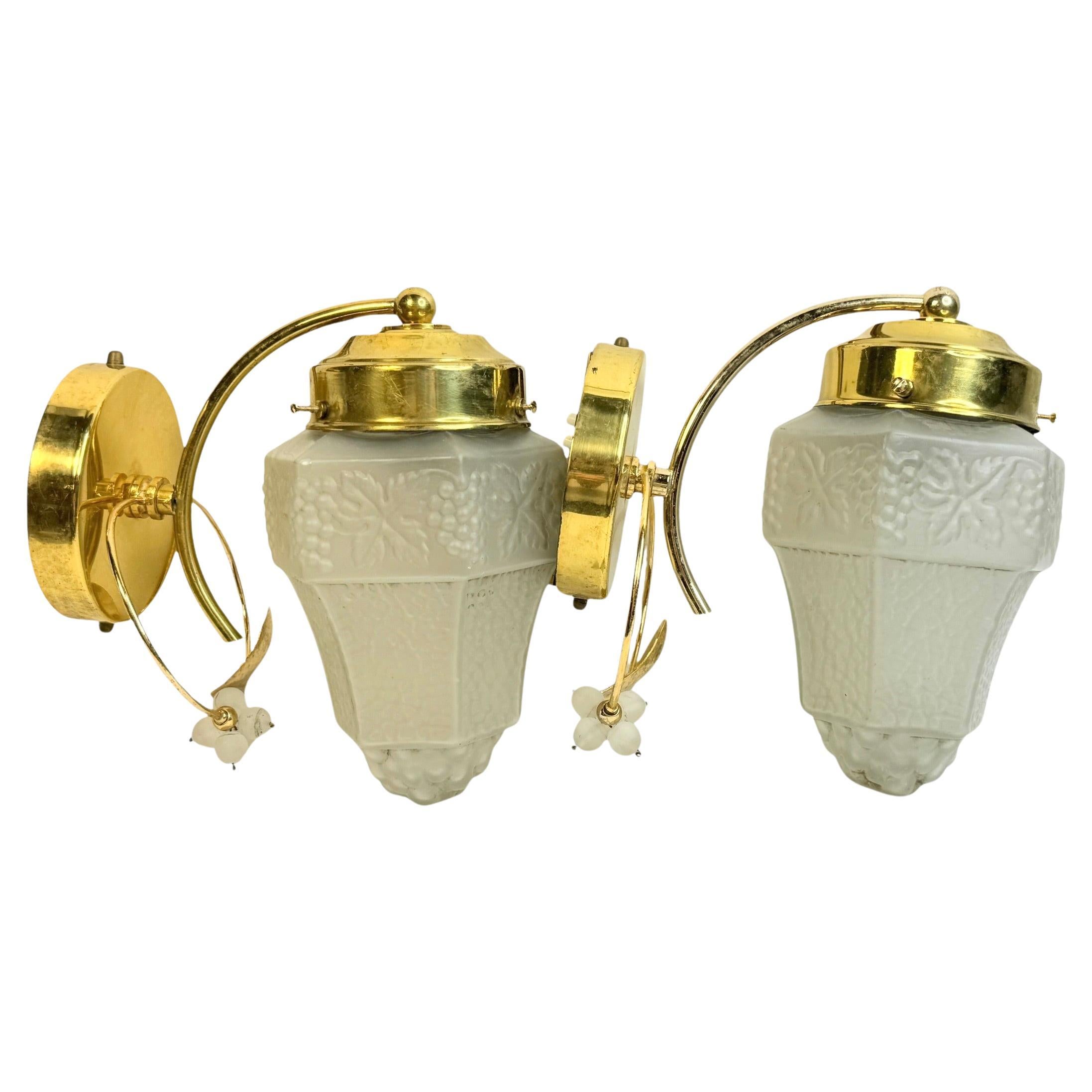 Una splendida coppia di applique in ottone e vetro satinato. Ognuno di essi è caratterizzato da un elegante design Hollywood Regency. Ogni apparecchio richiede una lampadina a candelabro europea E14 / 110 Volt, fino a 40 watt. Trovato in una vendita