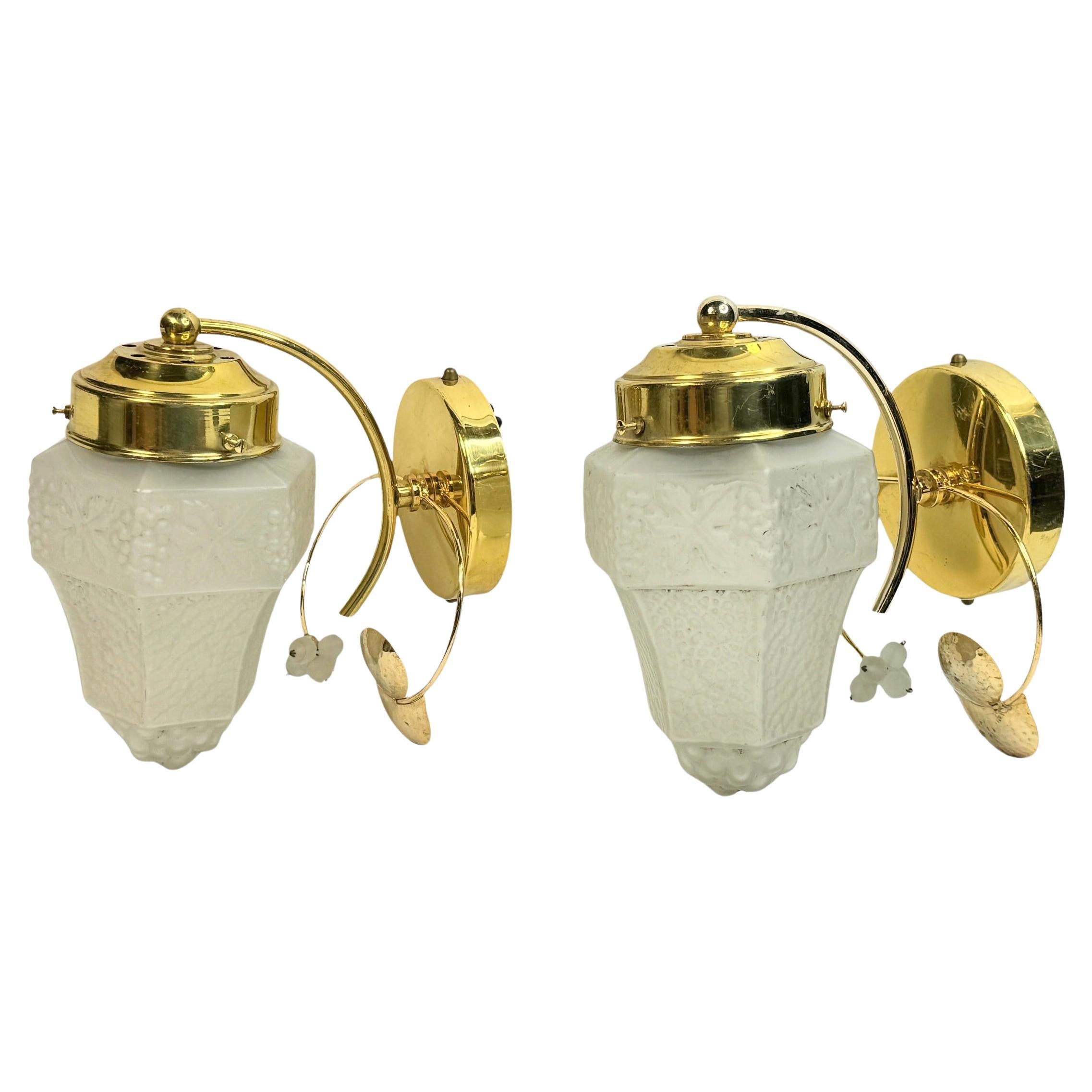 Pair Of Vintage Wall Lights Sconces, Brass And Grape Shape Glass, 1970s German