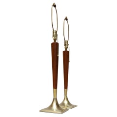 Pair of Vintage Walnut and Polished Brass Table Lamps by Laurel