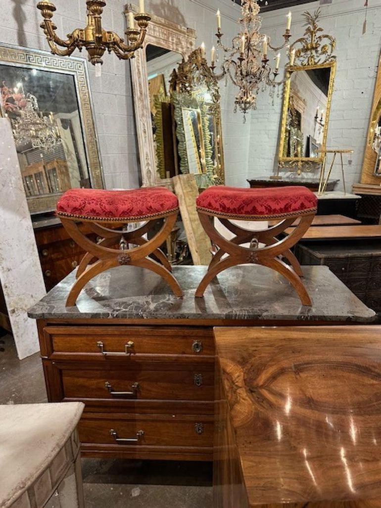 Pair of vintage Italian carved walnut benches. Perfect for today's transitional designs!
