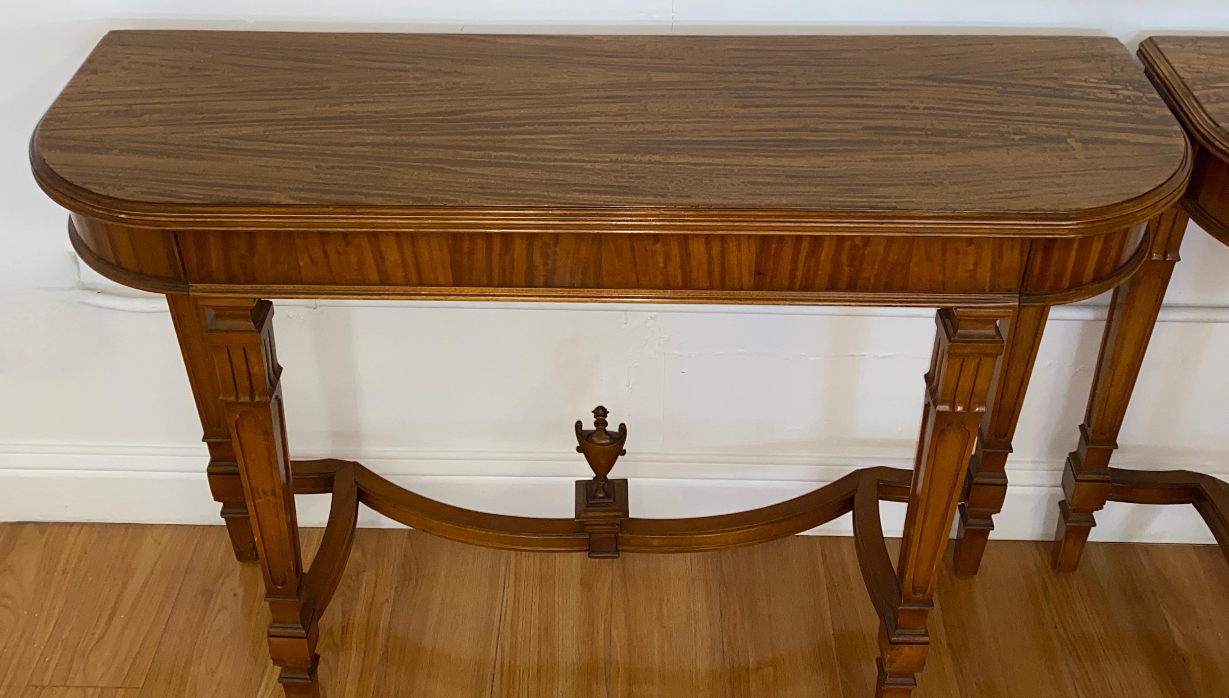 American Pair of Vintage Walnut Demi Lune Console Tables, C.1940