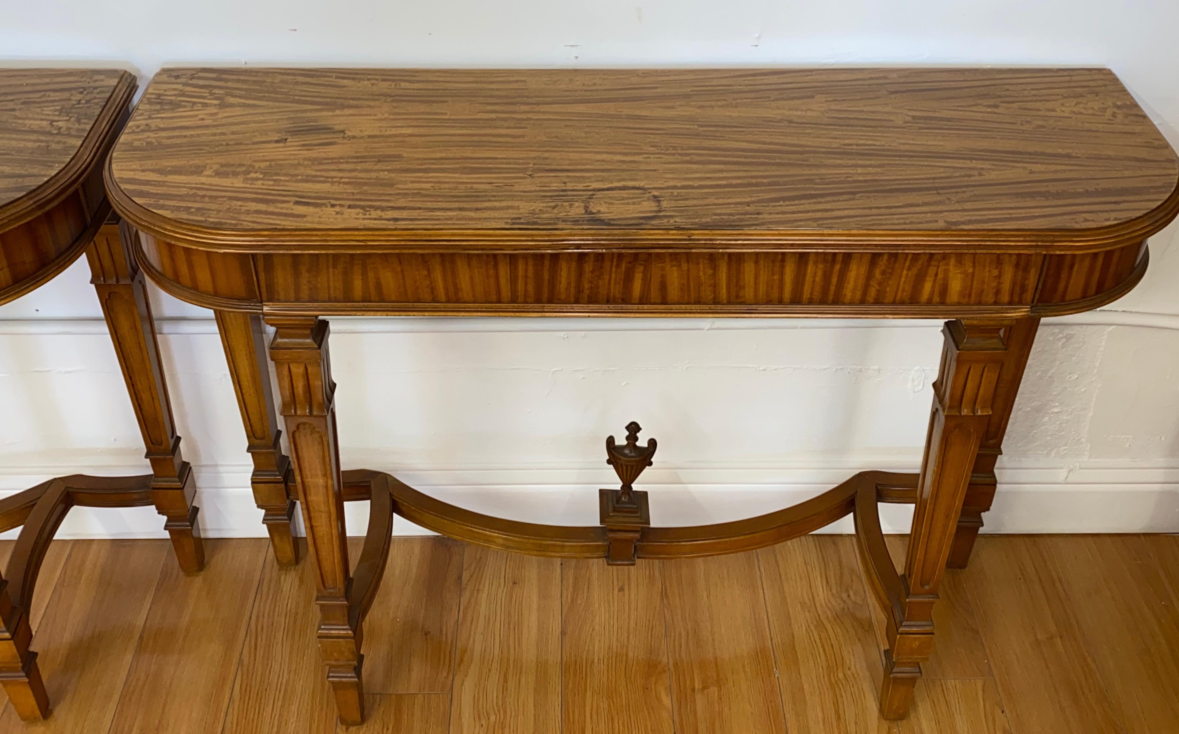 Hand-Crafted Pair of Vintage Walnut Demi Lune Console Tables, C.1940