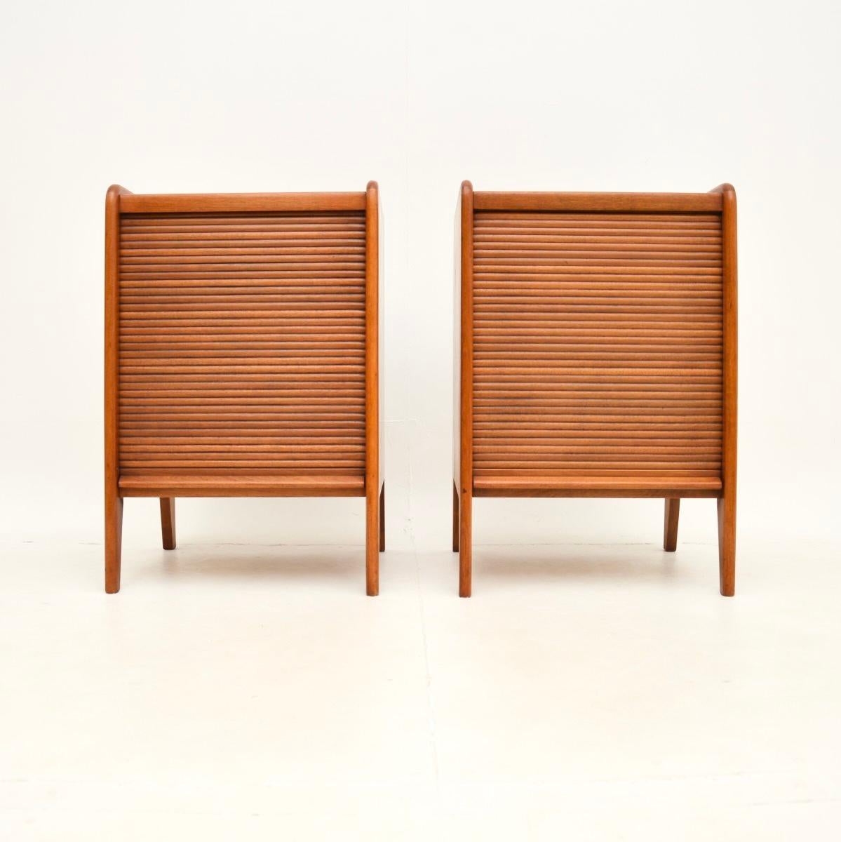 British Pair of Vintage Walnut Tambour Front Bedside Cabinets